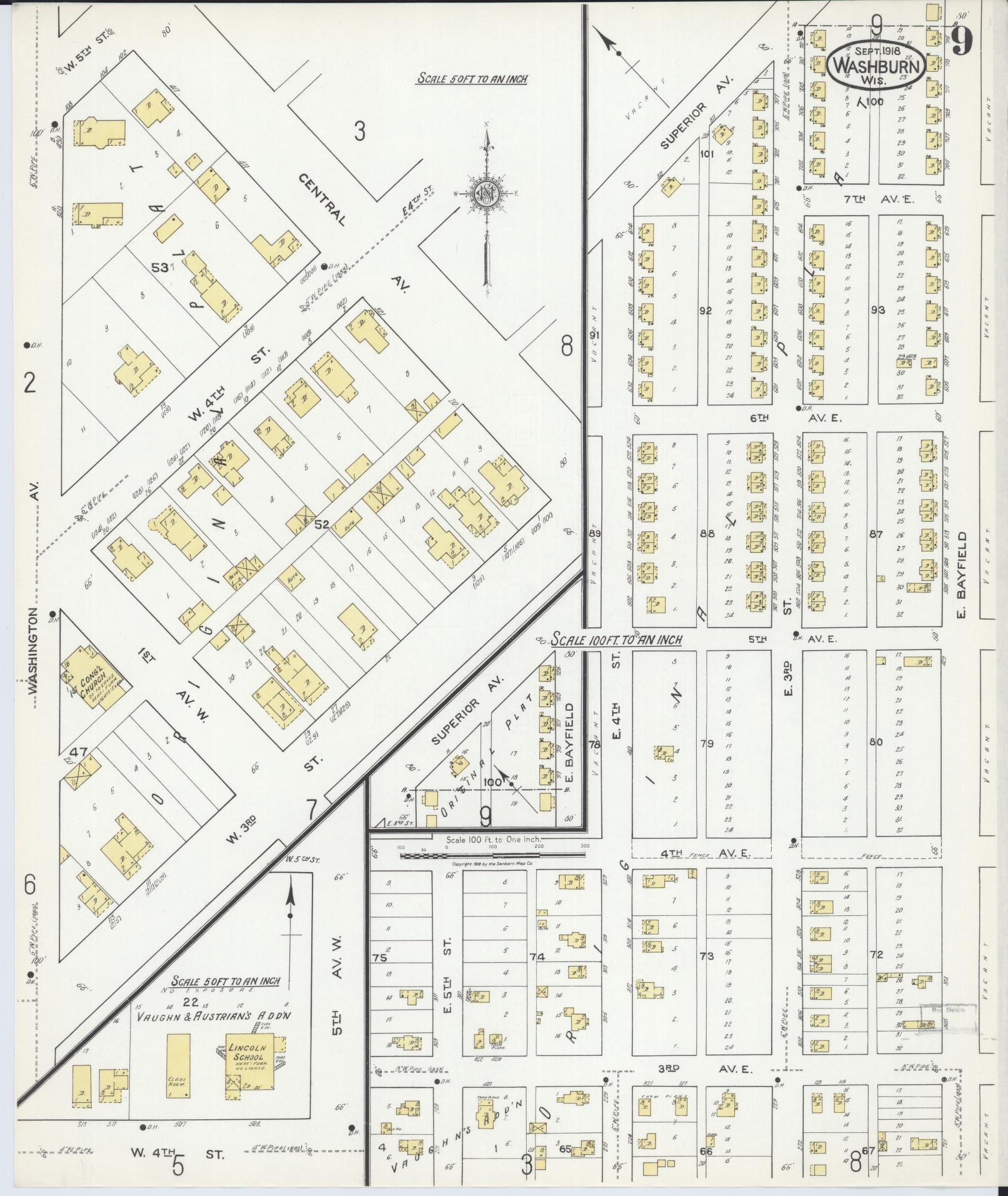 Sanborn Fire Insurance Map from Washburn, Bayfield County, Wisconsin (1918), Sheet #0009 - Historic Sanborn Fire Insurance Map Print, vintage old map wall art, antique decor, genealogy gift, Wisconsin Wisconsin map
