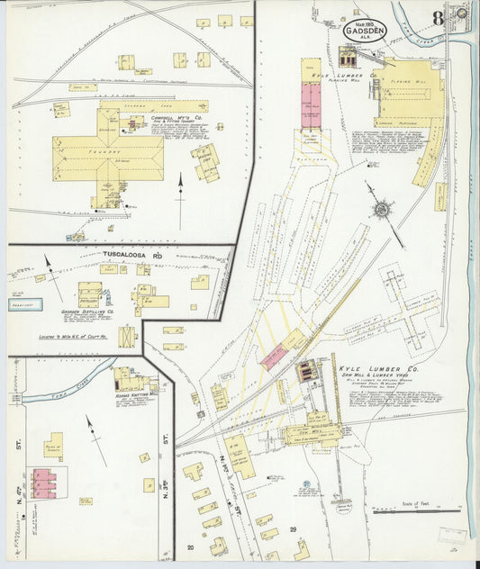Sanborn Fire Insurance Map from Gadsden, Etowah County, Alabama (1910), Sheet #0008 - Historic Sanborn Fire Insurance Map Print, vintage old map wall art, antique decor, genealogy gift, Alabama Alabama map