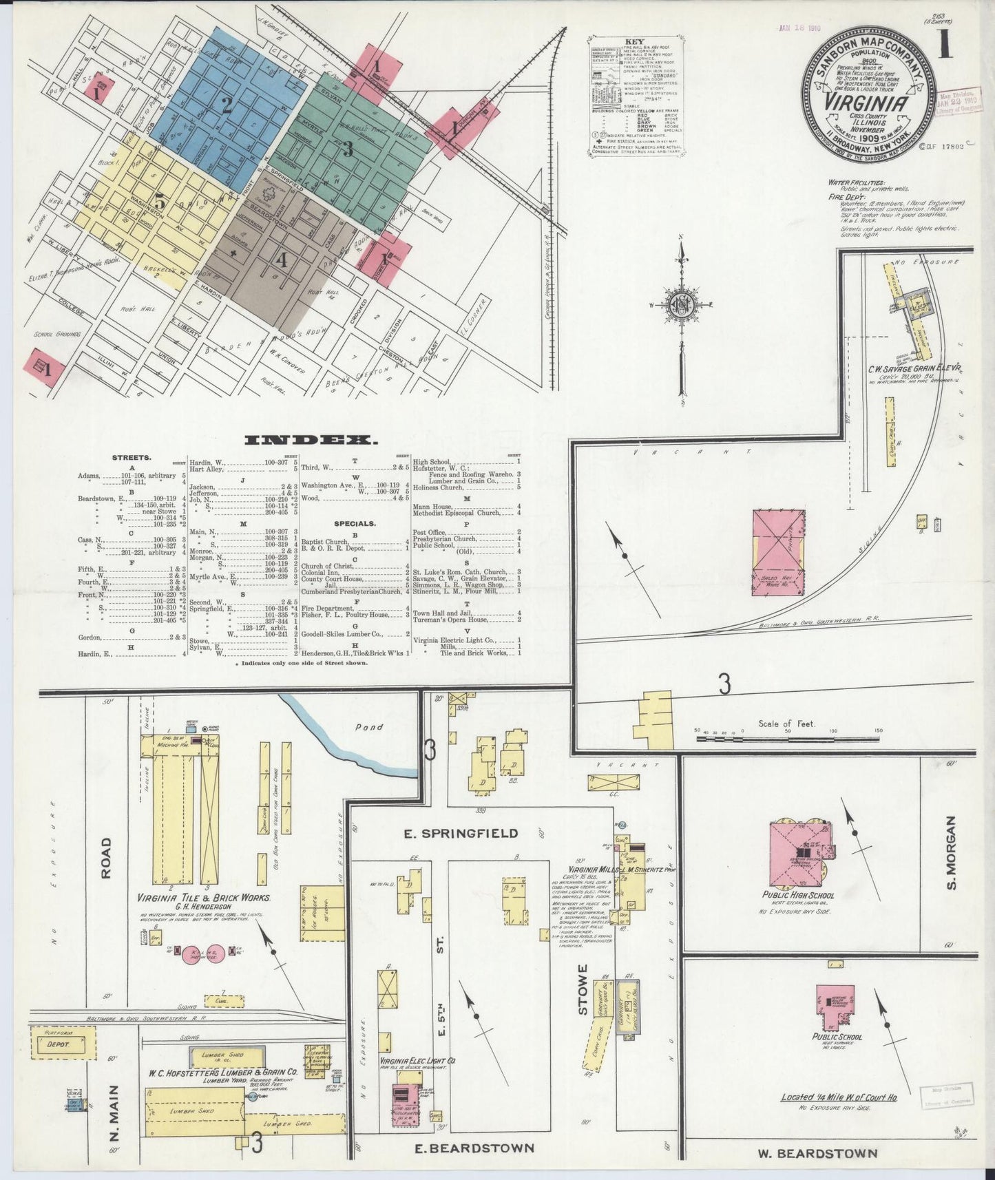 Sanborn Fire Insurance Map from Virginia, Cass County, Illinois (1909), Sheet #0001 - Complete Map Set gallery image, historic Sanborn map, vintage wall art, Virginia Virginia