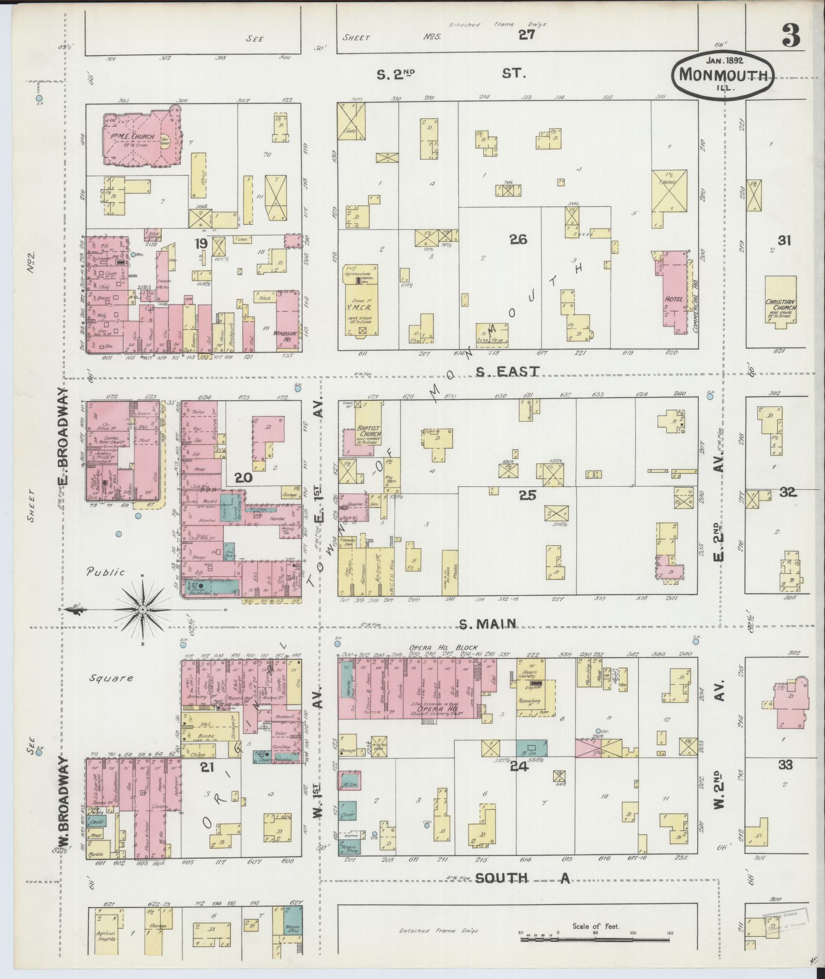 Sanborn Fire Insurance Map from Monmouth, Warren County, Illinois (1892), Sheet #0003 - Historic Sanborn Fire Insurance Map Print, vintage old map wall art, antique decor, genealogy gift, Illinois Illinois map