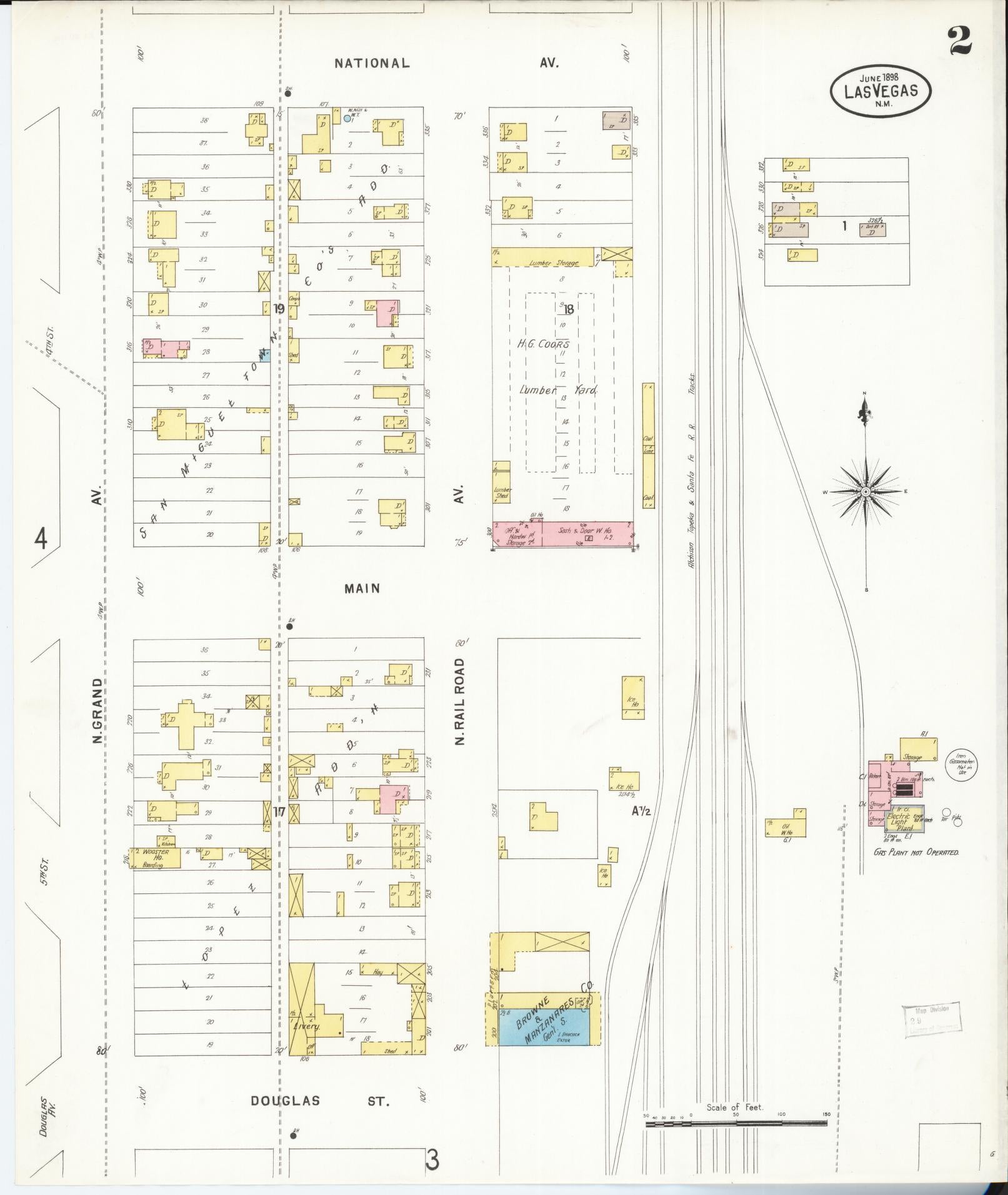 Sanborn Fire Insurance Map from Las Vegas, San Miguel County, New Mexico (1898), Sheet #0002 - Historic Sanborn Fire Insurance Map Print, vintage old map wall art, antique decor, genealogy gift, New Mexico New Mexico map