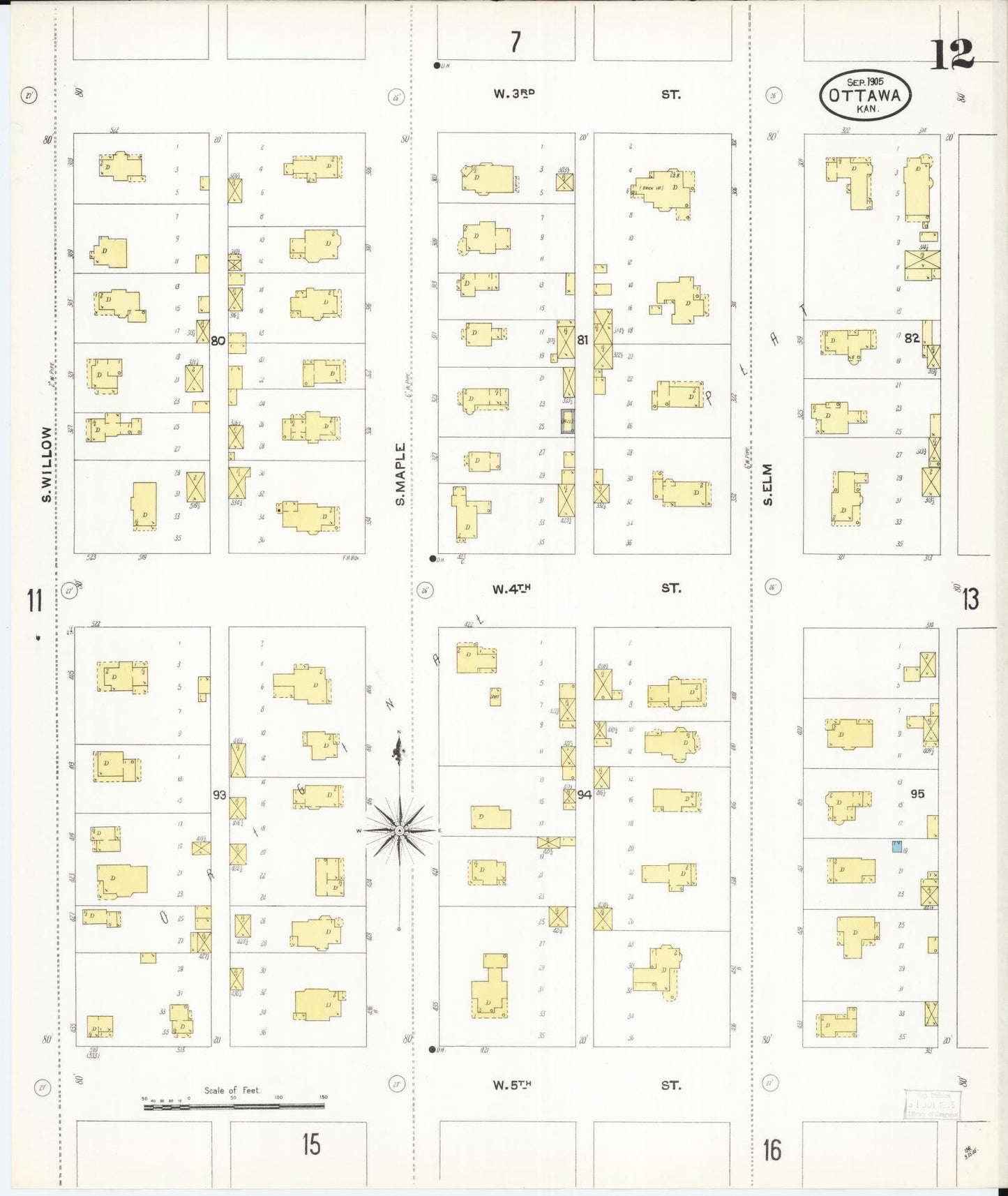 Sanborn Fire Insurance Map from Ottawa, Franklin County, Kansas (1905), Sheet #0012 - Complete Map Set gallery image, historic Sanborn map, vintage wall art, Kansas Kansas