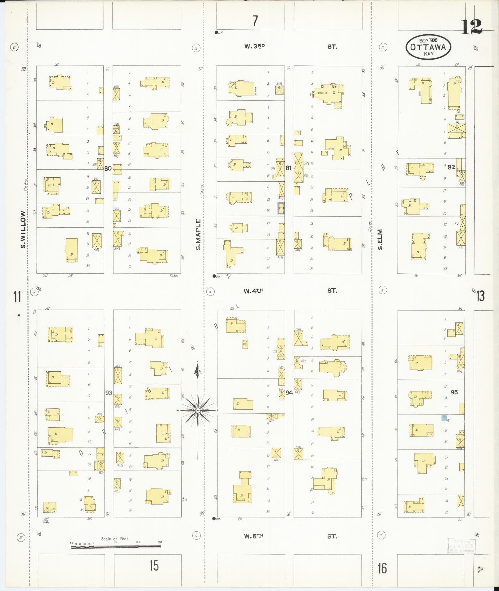 Sanborn Fire Insurance Map from Ottawa, Franklin County, Kansas (1905), Sheet #0012 - Complete Map Set gallery image, historic Sanborn map, vintage wall art, Kansas Kansas