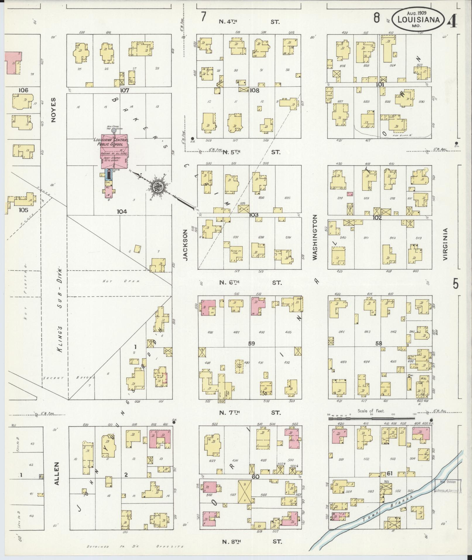 Sanborn Fire Insurance Map from Louisiana, Pike County, Missouri (1909), Sheet #0004 - Complete Map Set gallery image, historic Sanborn map, vintage wall art, Missouri Missouri