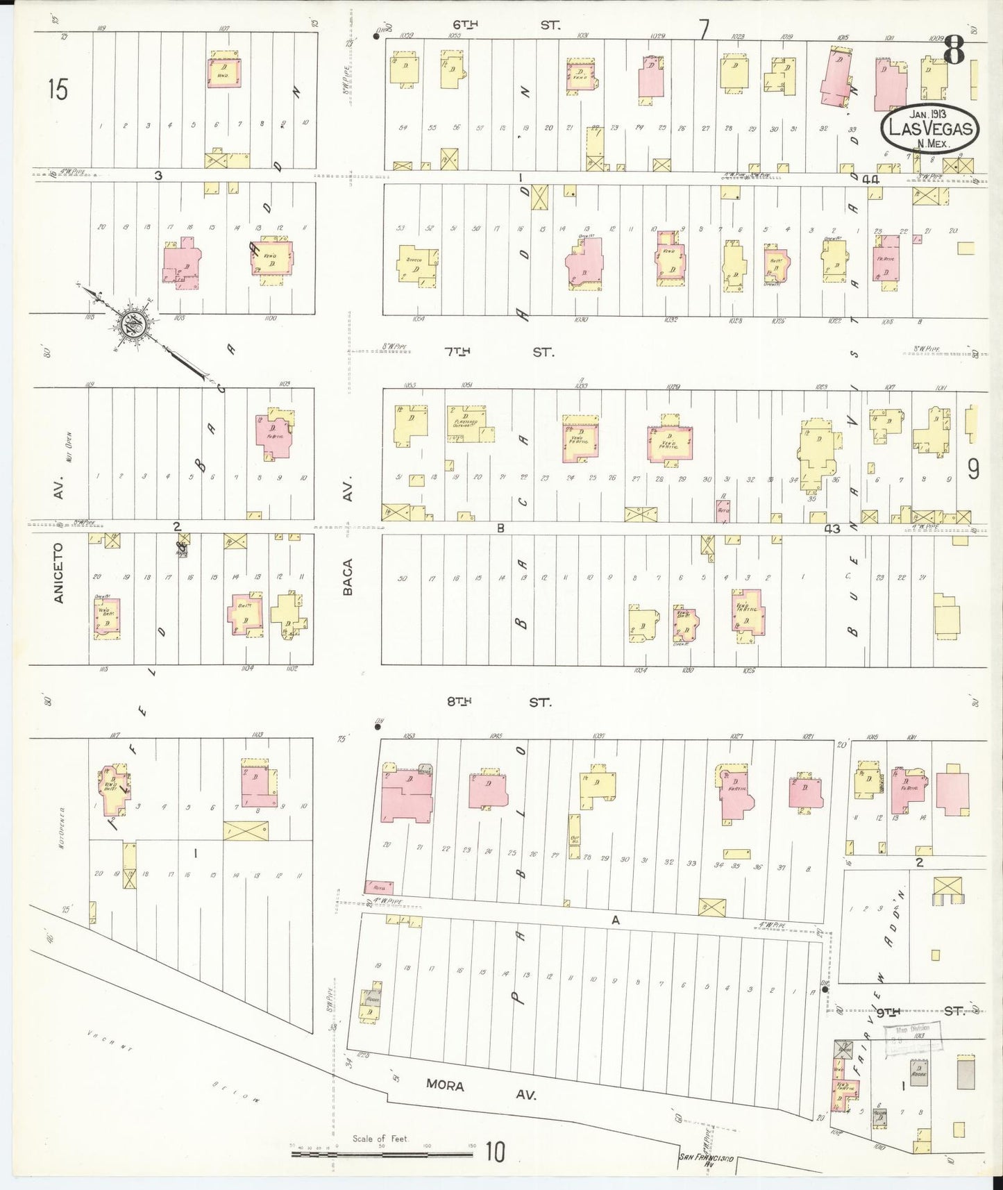 Sanborn Fire Insurance Map from Las Vegas, San Miguel County, New Mexico (1913), Sheet #0008 - Complete Map Set gallery image, historic Sanborn map, vintage wall art, New Mexico New Mexico