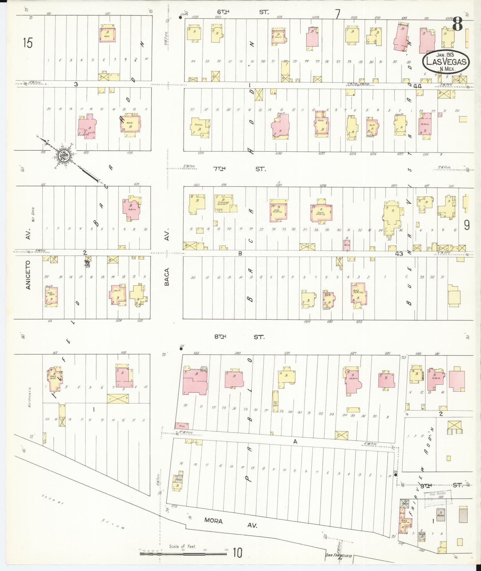 Sanborn Fire Insurance Map from Las Vegas, San Miguel County, New Mexico (1913), Sheet #0008 - Complete Map Set gallery image, historic Sanborn map, vintage wall art, New Mexico New Mexico