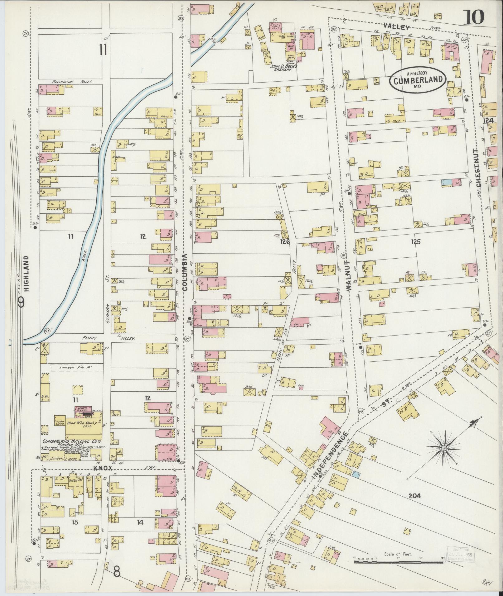 Sanborn Fire Insurance Map from Cumberland, Allegany County, Maryland (1897), Sheet #0010 - Historic Sanborn Fire Insurance Map Print, vintage old map wall art, antique decor, genealogy gift, Maryland Maryland map