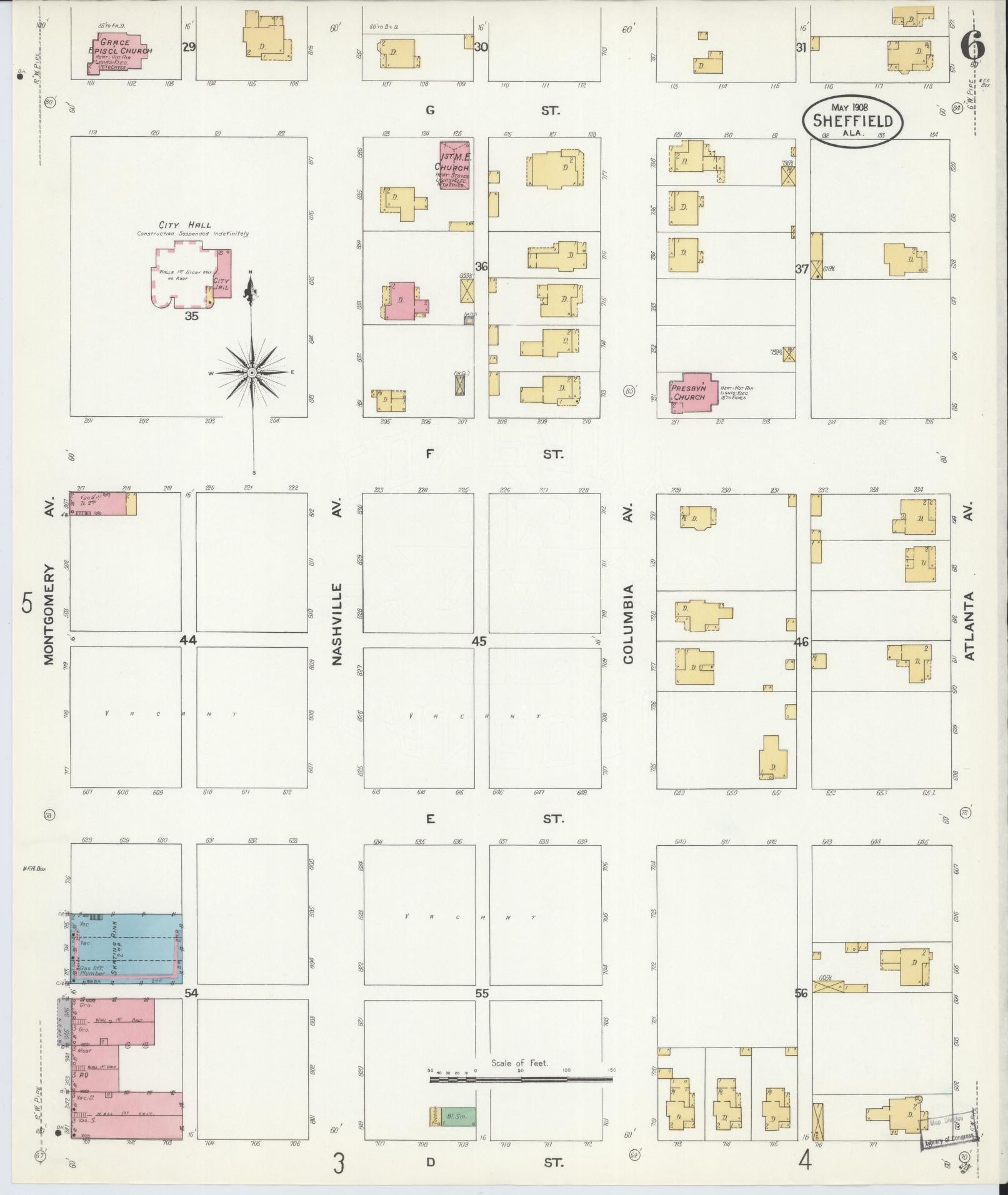 Sanborn Fire Insurance Map from Sheffield, Colbert County, Alabama (1908), Sheet #0006 - Historic Sanborn Fire Insurance Map Print, vintage old map wall art, antique decor, genealogy gift, Alabama Alabama map