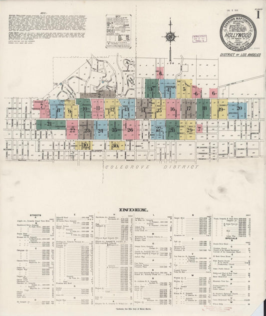 Sanborn Fire Insurance Map from Hollywood, Los Angeles County, California (1913), Sheet #0001 - Complete Map Set gallery image, historic Sanborn map, vintage wall art, California California