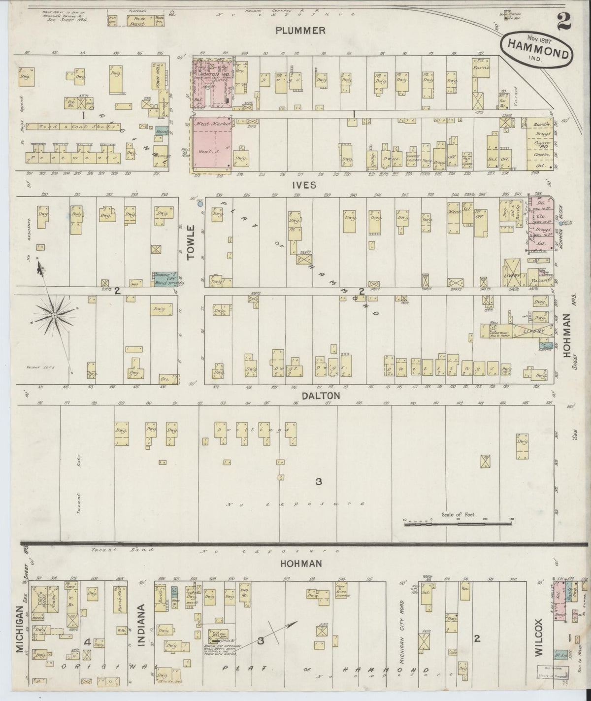 Sanborn Fire Insurance Map from Hammond, Lake County, Indiana (1887), Sheet #0002 - Historic Sanborn Fire Insurance Map Print, vintage old map wall art, antique decor, genealogy gift, Indiana Indiana map