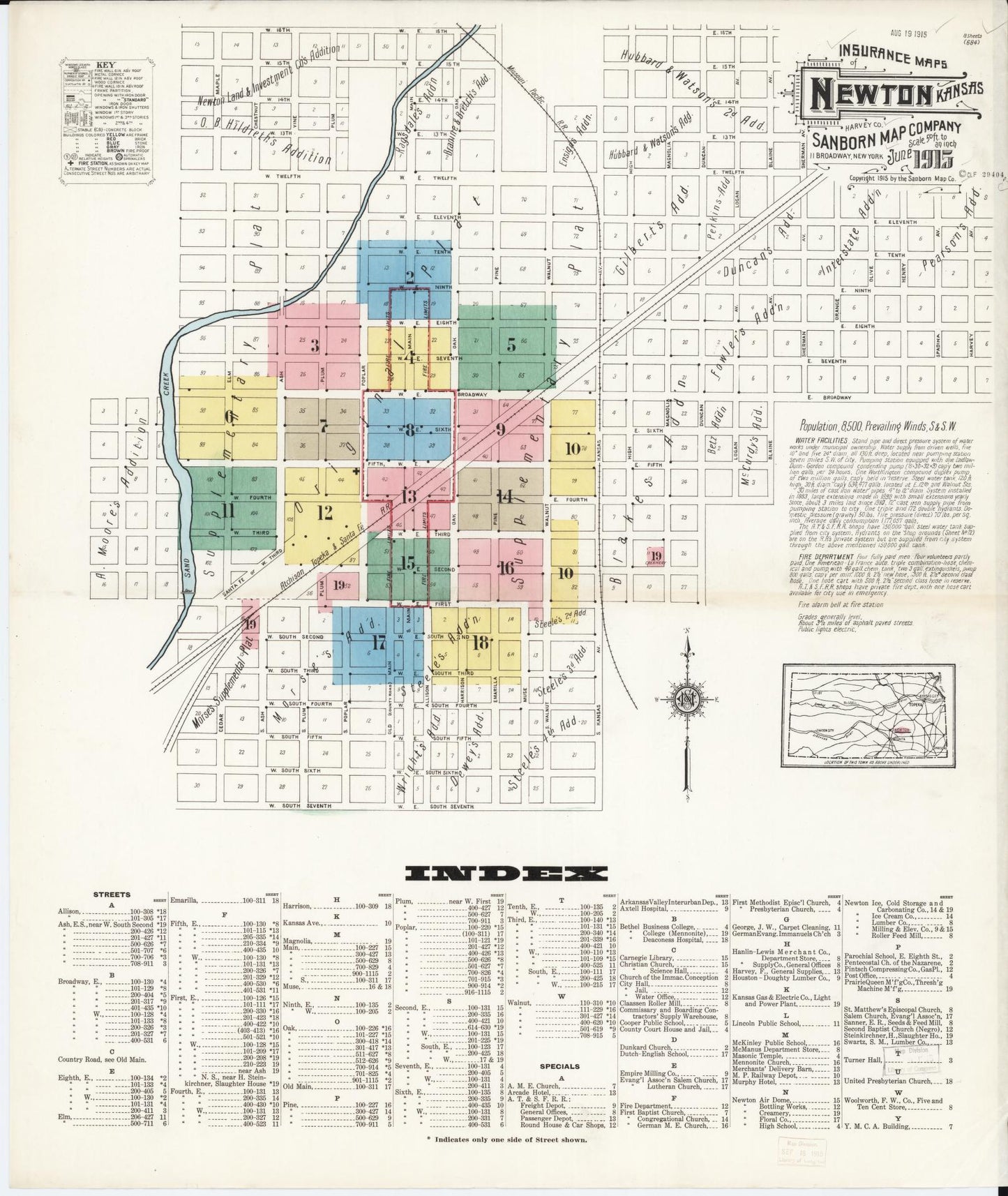 Sanborn Fire Insurance Map from Newton, Harvey County, Kansas (1915), Sheet #0001 - Historic Sanborn Fire Insurance Map Print, vintage old map wall art, antique decor, genealogy gift, Kansas Kansas map
