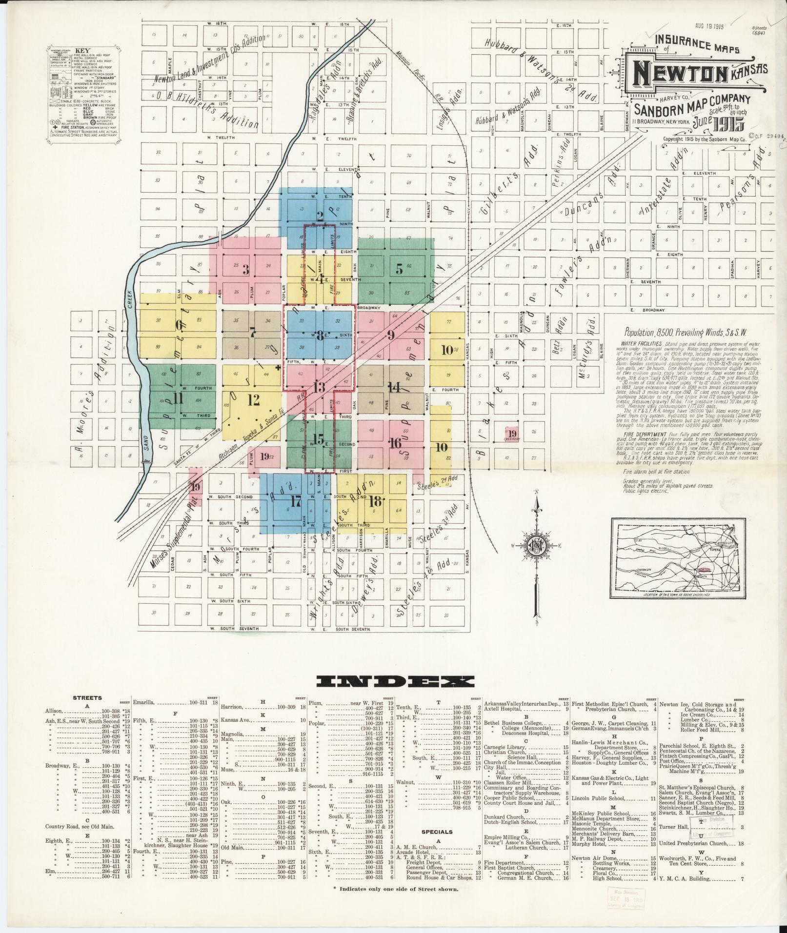 Sanborn Fire Insurance Map from Newton, Harvey County, Kansas (1915), Sheet #0001 - Historic Sanborn Fire Insurance Map Print, vintage old map wall art, antique decor, genealogy gift, Kansas Kansas map