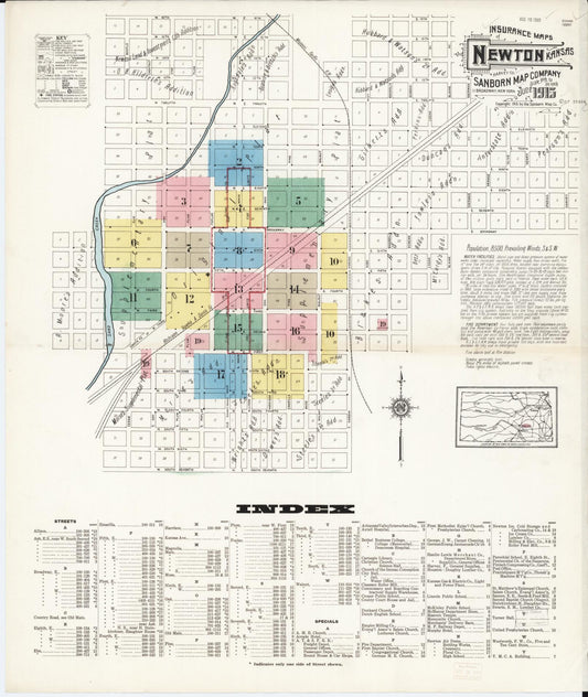 Sanborn Fire Insurance Map from Newton, Harvey County, Kansas (1915), Sheet #0001 - Historic Sanborn Fire Insurance Map Print, vintage old map wall art, antique decor, genealogy gift, Kansas Kansas map