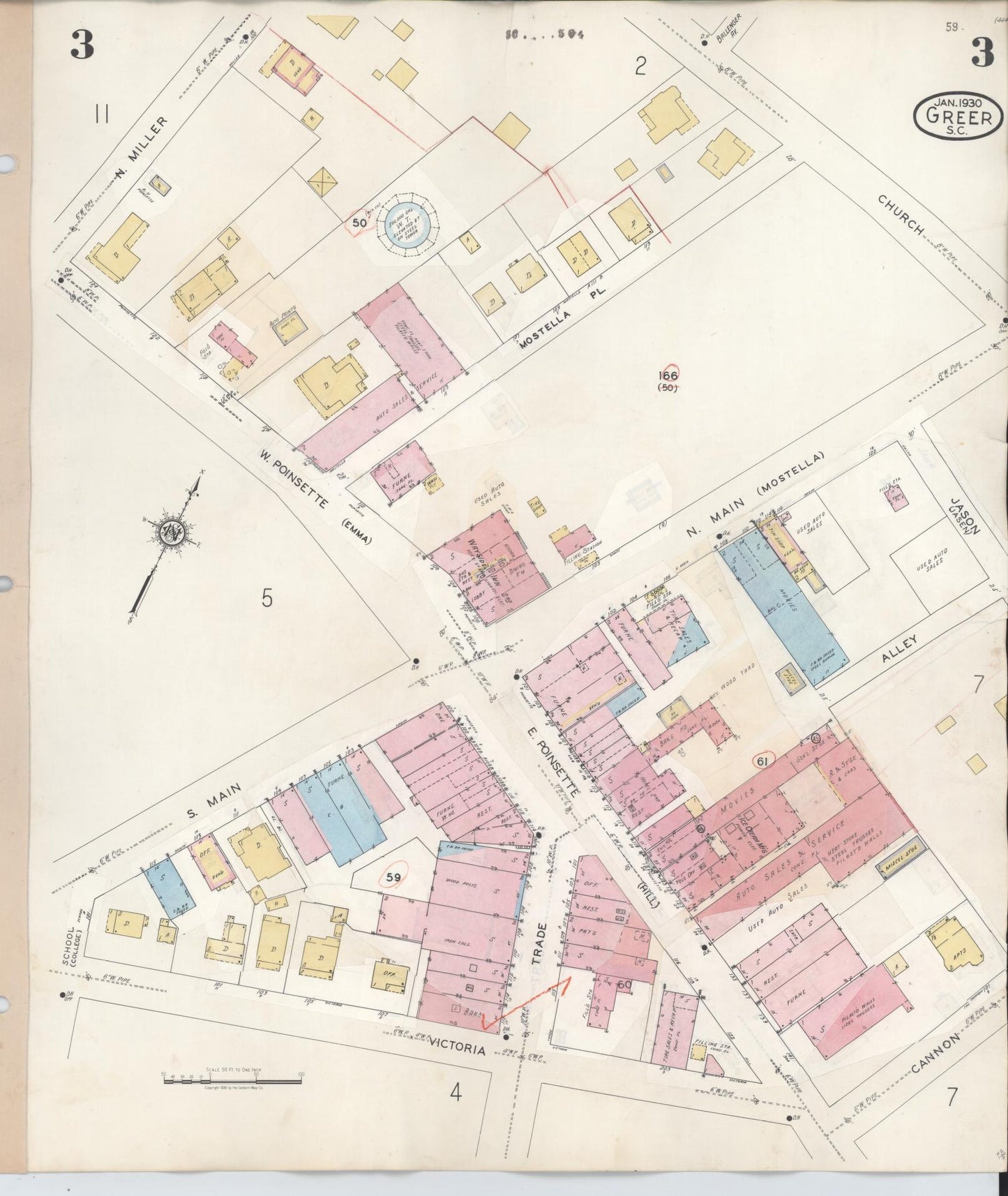 Sanborn Fire Insurance Map from Greer, Greenville and Spartanburg Counties, South Carolina (1951), Sheet #0003 - Complete Map Set gallery image, historic Sanborn map, vintage wall art, South Carolina South Carolina