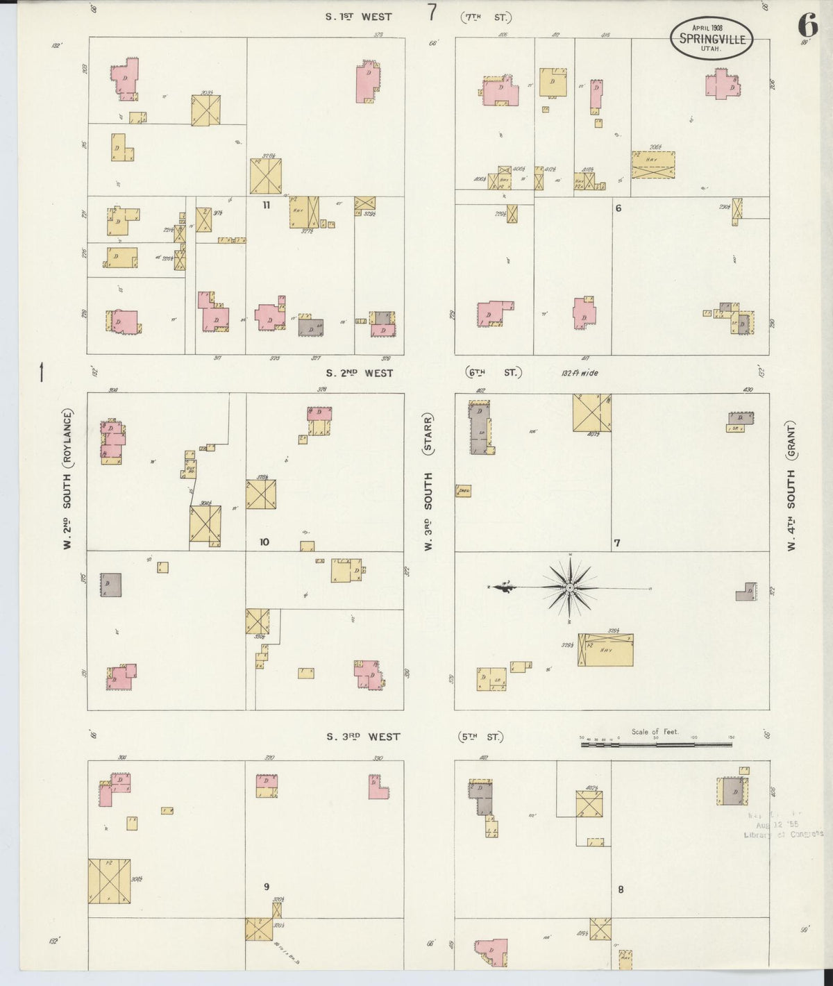 Sanborn Fire Insurance Map from Springville, Utah County, Utah (1908), Sheet #0006 - Historic Sanborn Fire Insurance Map Print, vintage old map wall art, antique decor, genealogy gift, Springville Utah map