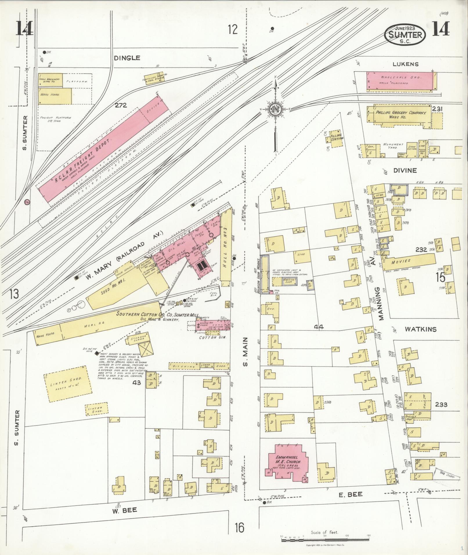 Sanborn Fire Insurance Map from Sumter, Sumter County, South Carolina (1923), Sheet #0014 - Historic Sanborn Fire Insurance Map Print, vintage old map wall art, antique decor, genealogy gift, South Carolina South Carolina map