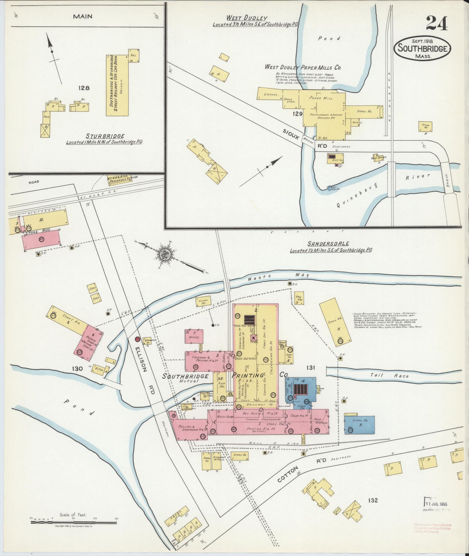 Sanborn Fire Insurance Map from Southbridge, Worcester County, Massachusetts (1918), Sheet #0024 - Historic Sanborn Fire Insurance Map Print, vintage old map wall art, antique decor, genealogy gift, Massachusetts Massachusetts map