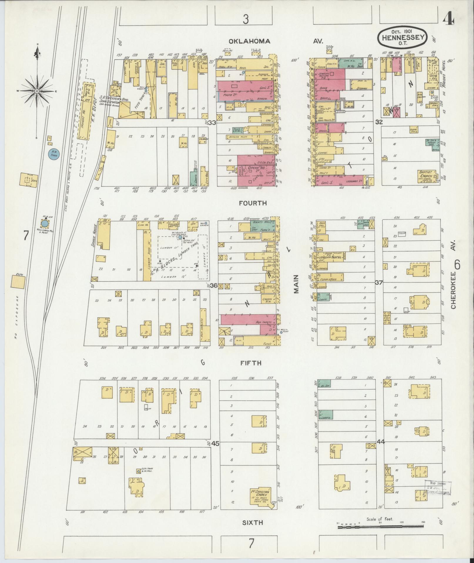 Sanborn Fire Insurance Map from Hennessey, Kingfisher County, Oklahoma (1901), Sheet #0004 - Complete Map Set gallery image, historic Sanborn map, vintage wall art, Oklahoma Oklahoma