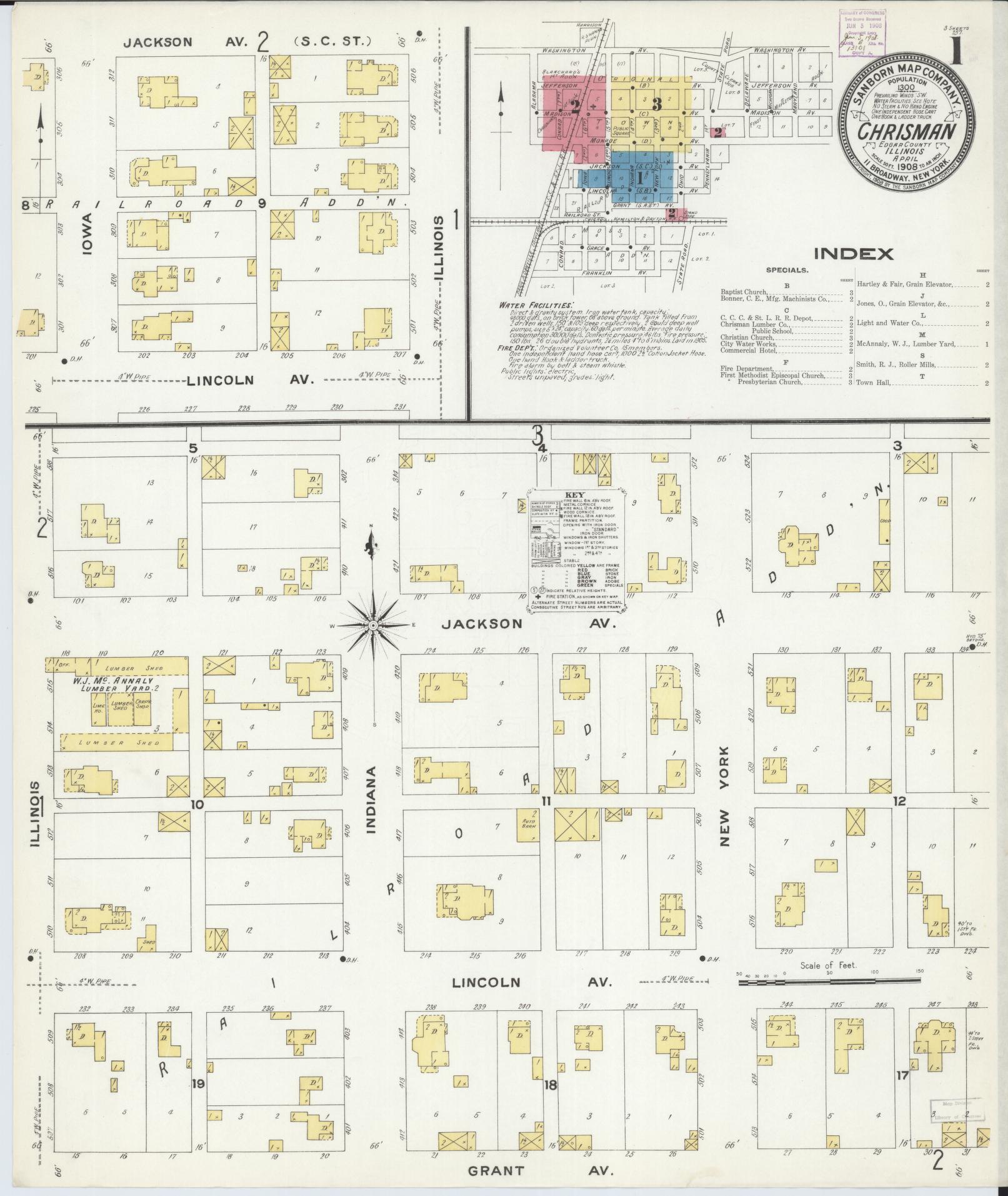 Sanborn Fire Insurance Map from Chrisman, Edgar County, Illinois (1908), Sheet #0001 - Complete Map Set gallery image, historic Sanborn map, vintage wall art, Illinois Illinois