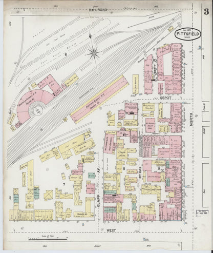 Sanborn Fire Insurance Map from Pittsfield, Berkshire County, Massachusetts (1889), Sheet #0003 - Historic Sanborn Fire Insurance Map Print, vintage old map wall art, antique decor, genealogy gift, Massachusetts Massachusetts map