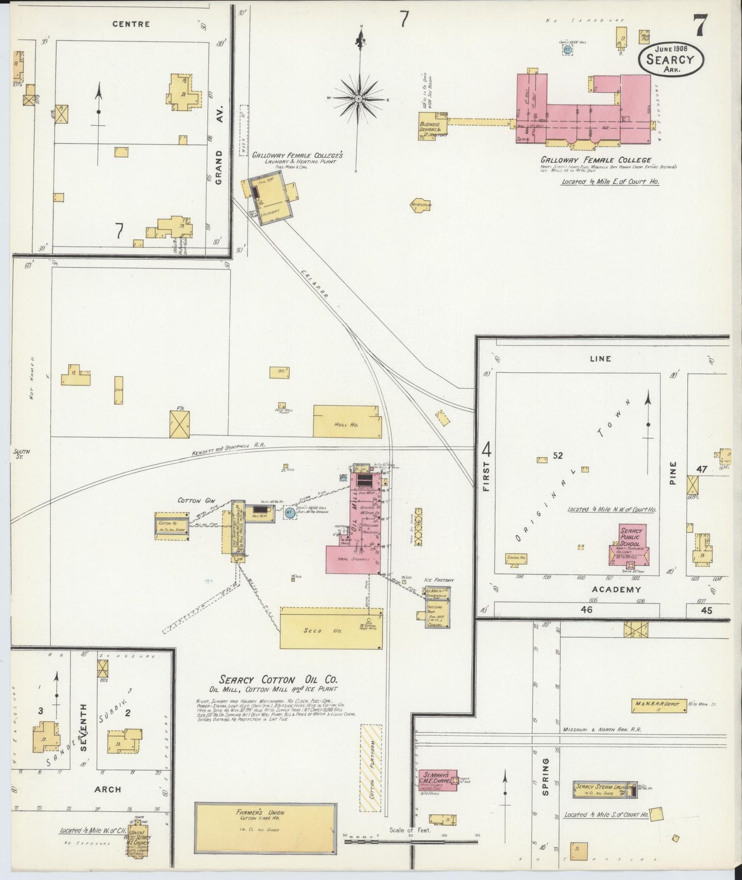 Sanborn Fire Insurance Map from Searcy, White County, Arkansas (1908), Sheet #0007 - Historic Sanborn Fire Insurance Map Print, vintage old map wall art, antique decor, genealogy gift, Arkansas Arkansas map