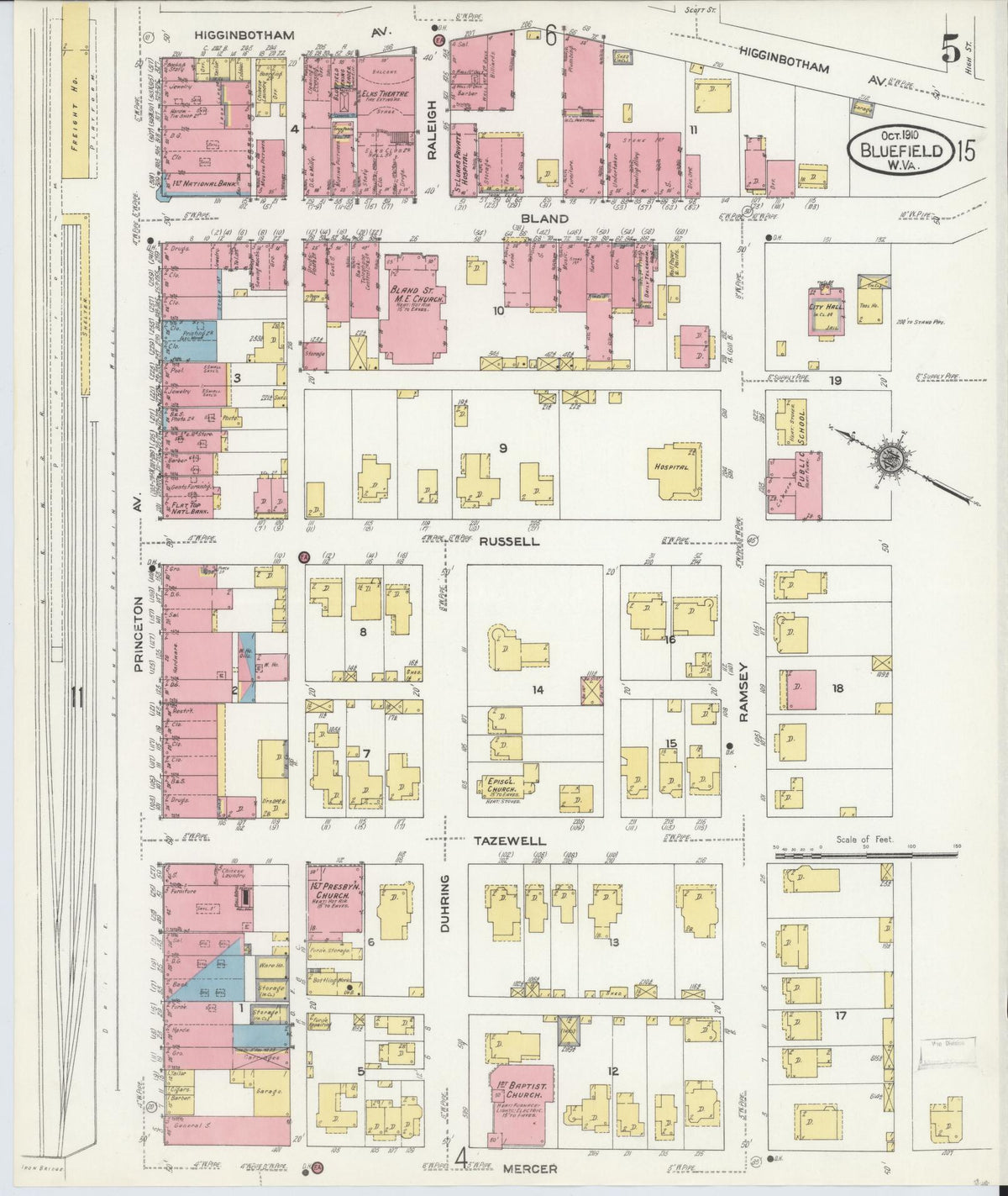 Sanborn Fire Insurance Map from Bluefield, Mercer County, West Virginia (1910), Sheet #0005 - Historic Sanborn Fire Insurance Map Print, vintage old map wall art, antique decor, genealogy gift, West Virginia West Virginia map