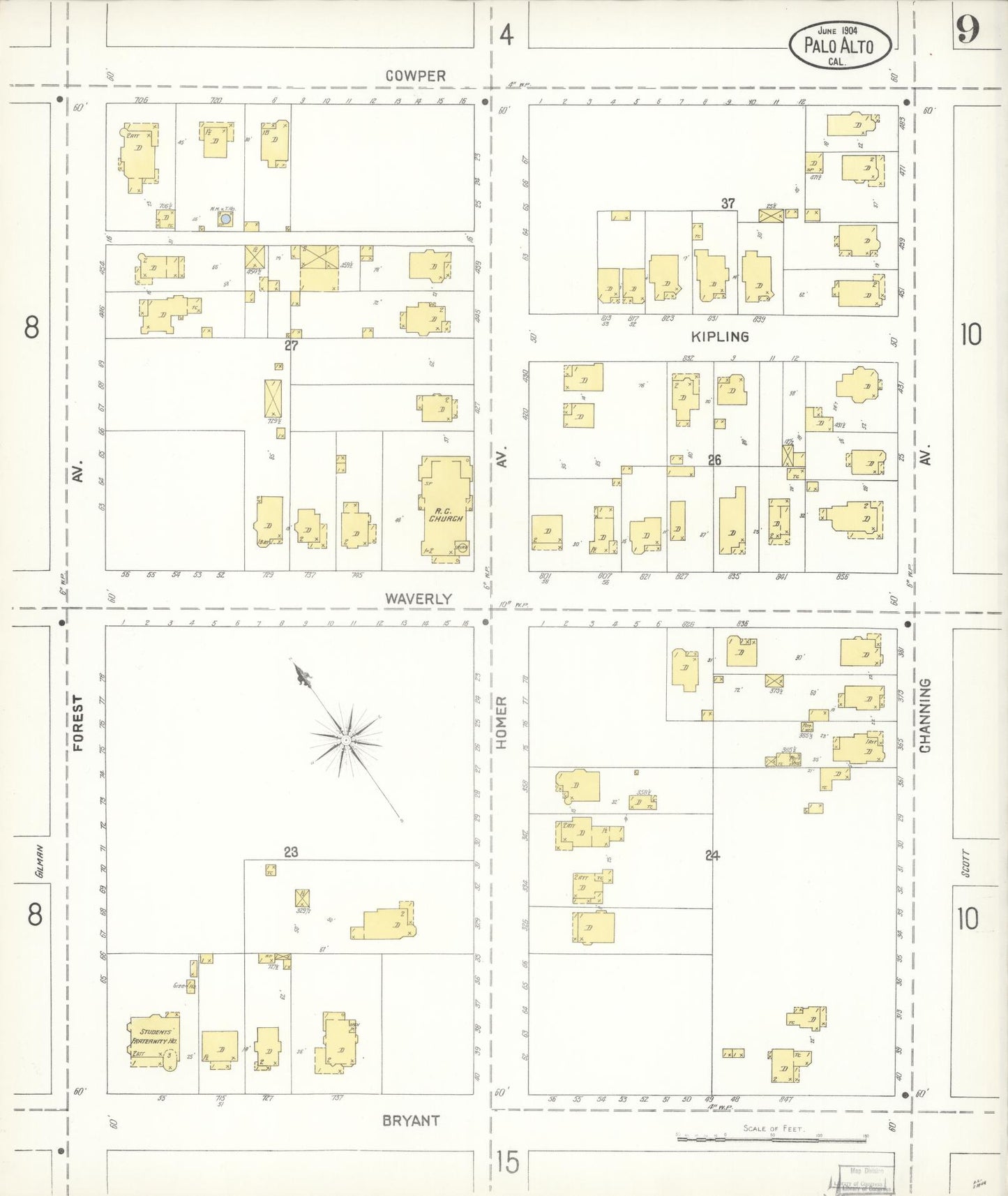 Sanborn Fire Insurance Map from Palo Alto, Santa Clara County, California (1904), Sheet #0009 - Complete Map Set gallery image, historic Sanborn map, vintage wall art, California California