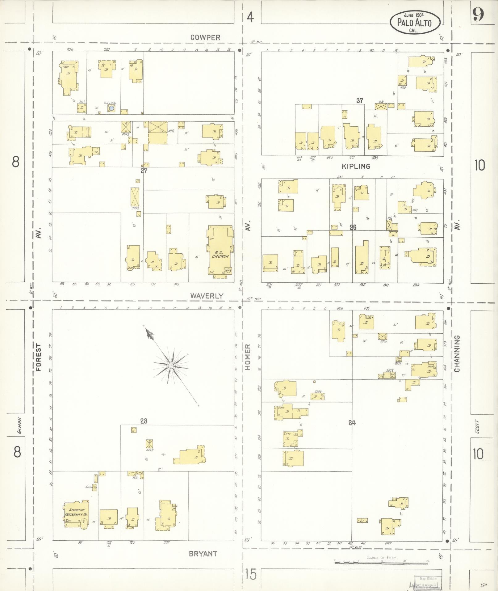 Sanborn Fire Insurance Map from Palo Alto, Santa Clara County, California (1904), Sheet #0009 - Complete Map Set gallery image, historic Sanborn map, vintage wall art, California California