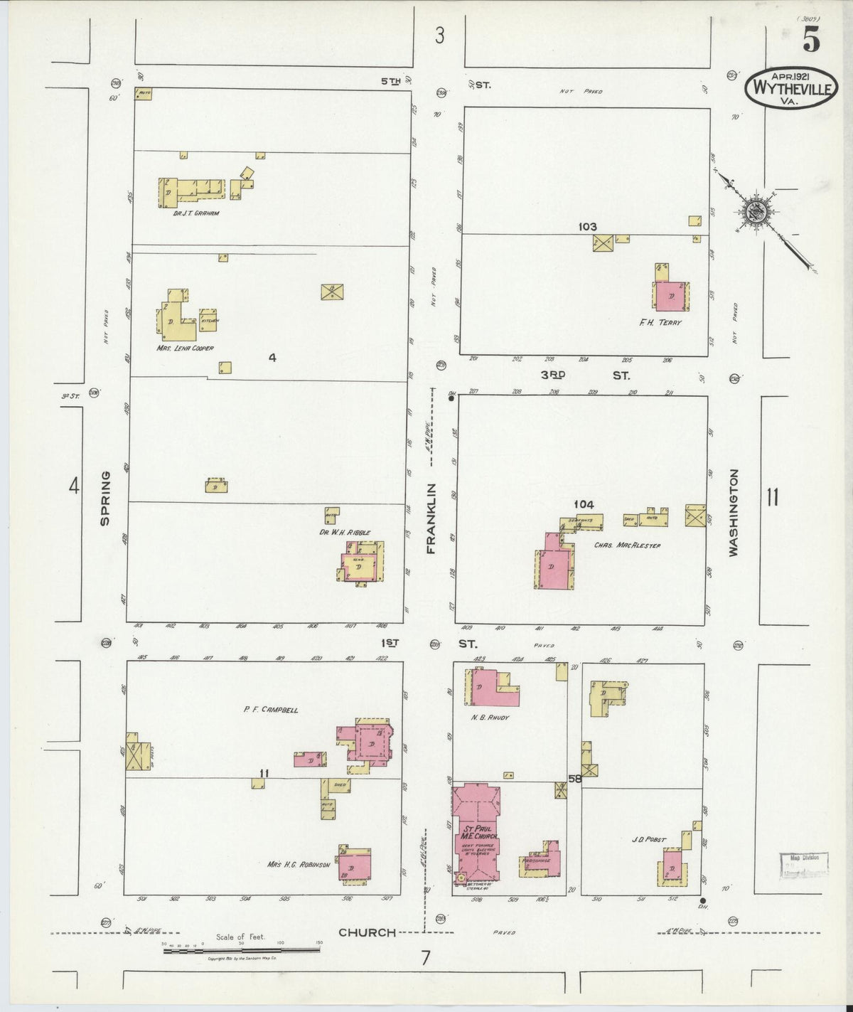 Sanborn Fire Insurance Map from Wytheville, Wythe County, Virginia (1921), Sheet #0005 - Historic Sanborn Fire Insurance Map Print, vintage old map wall art, antique decor, genealogy gift, Virginia Virginia map