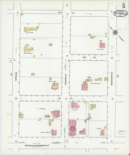 Sanborn Fire Insurance Map from Wytheville, Wythe County, Virginia (1921), Sheet #0005 - Historic Sanborn Fire Insurance Map Print, vintage old map wall art, antique decor, genealogy gift, Virginia Virginia map