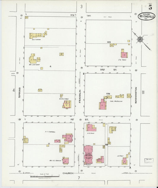 Sanborn Fire Insurance Map from Wytheville, Wythe County, Virginia (1921), Sheet #0005 - Historic Sanborn Fire Insurance Map Print, vintage old map wall art, antique decor, genealogy gift, Virginia Virginia map
