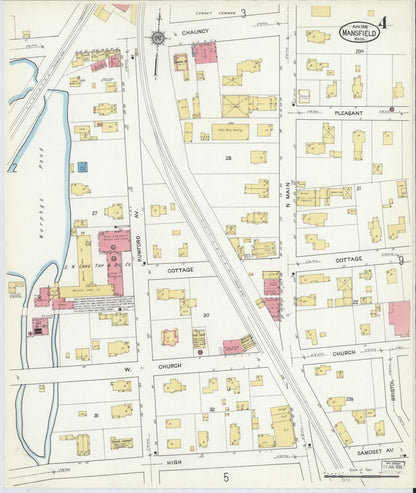 Sanborn Fire Insurance Map from Mansfield, Bristol County, Massachusetts (1916), Sheet #0004 - Historic Sanborn Fire Insurance Map Print, vintage old map wall art, antique decor, genealogy gift, Massachusetts Massachusetts map