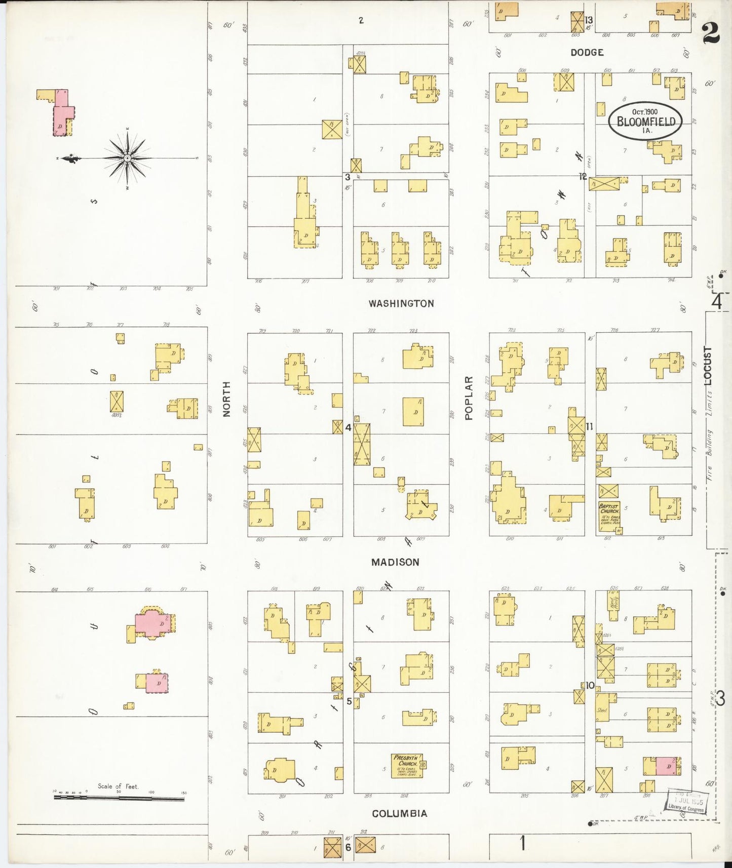 Sanborn Fire Insurance Map from Bloomfield, Davis County, Iowa (1900), Sheet #0002 - Historic Sanborn Fire Insurance Map Print, vintage old map wall art