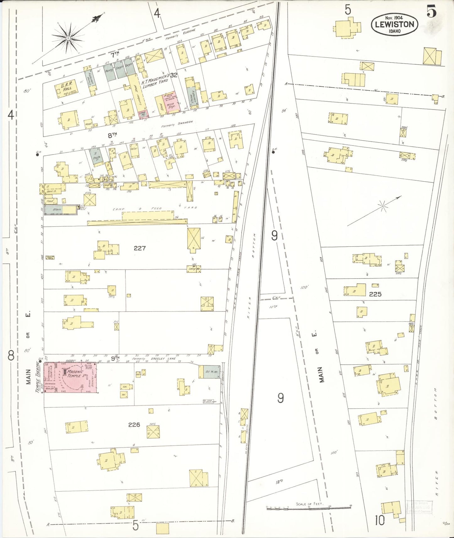 Sanborn Fire Insurance Map from Lewiston, Nez Perce County, Idaho (1904), Sheet #0005 - Complete Map Set gallery image, historic Sanborn map, vintage wall art, Idaho Idaho