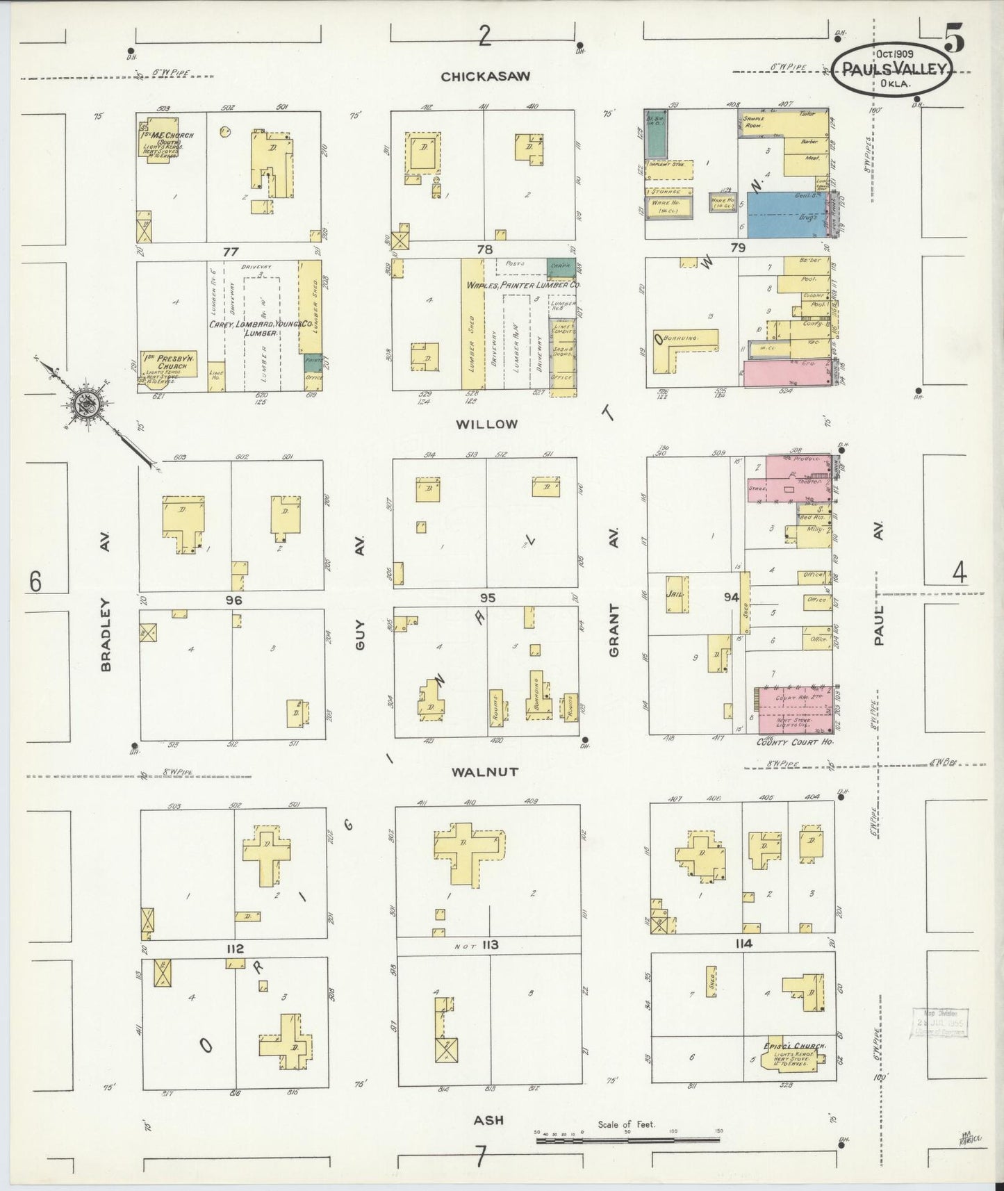 Sanborn Fire Insurance Map from Pauls Valley, Garvin County, Oklahoma (1909), Sheet #0005 - Complete Map Set gallery image, historic Sanborn map, vintage wall art, Oklahoma Oklahoma
