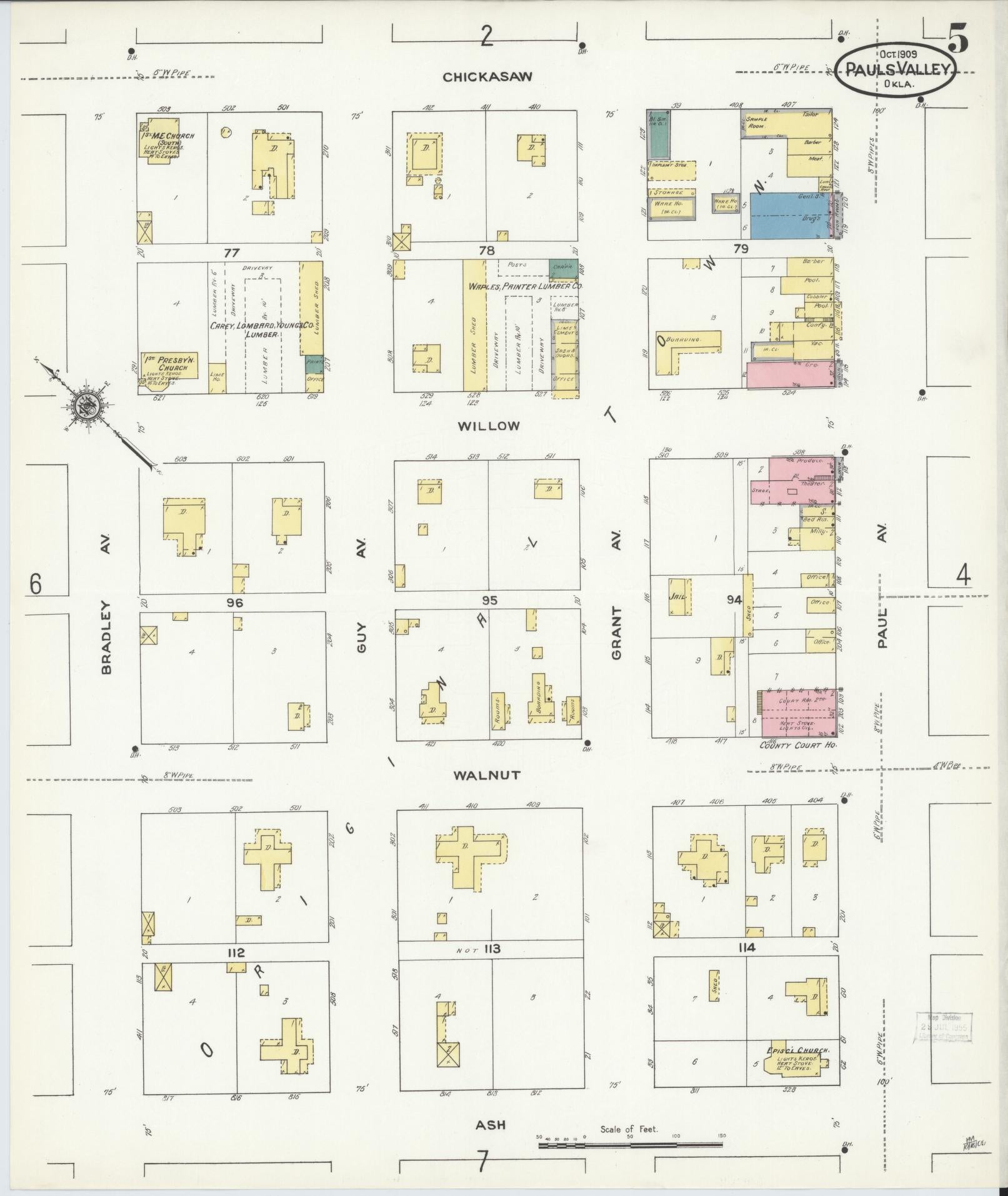 Sanborn Fire Insurance Map from Pauls Valley, Garvin County, Oklahoma (1909), Sheet #0005 - Complete Map Set gallery image, historic Sanborn map, vintage wall art, Oklahoma Oklahoma
