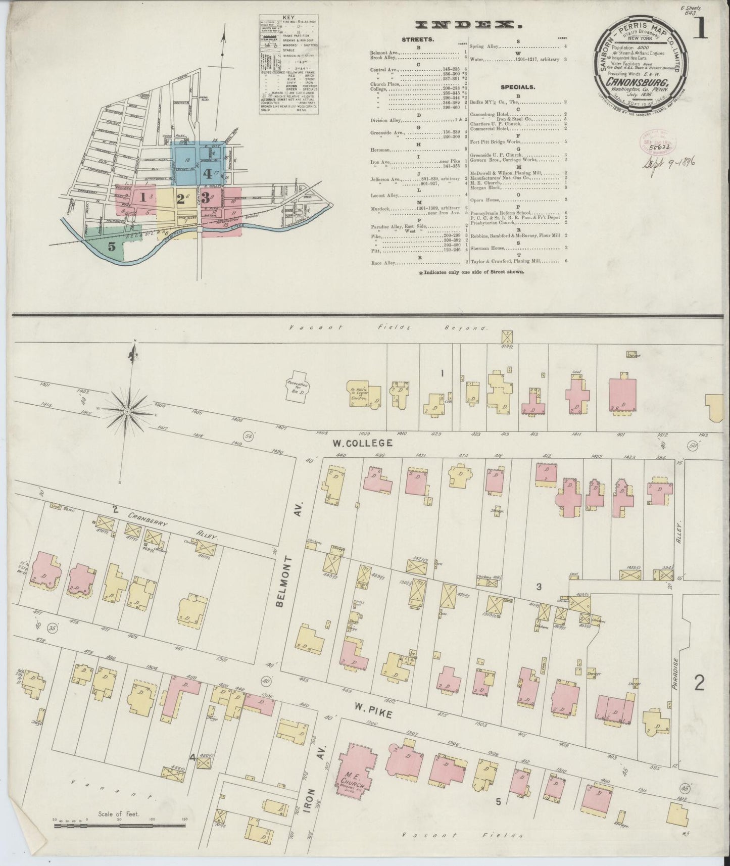 Sanborn Fire Insurance Map from Canonsburg, Washington County, Pennsylvania (1896), Sheet #0001 - Historic Sanborn Fire Insurance Map Print, vintage old map wall art, antique decor, genealogy gift, Pennsylvania Pennsylvania map