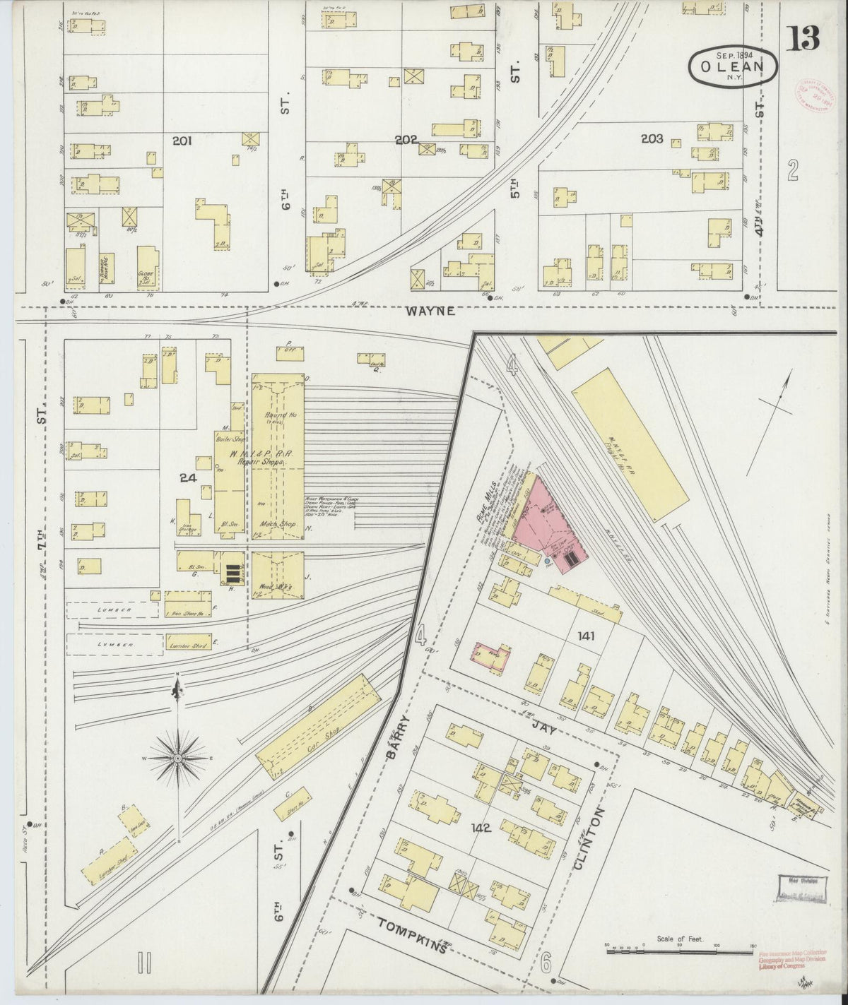 Sanborn Fire Insurance Map from Olean, Cattaraugus County, New York (1894), Sheet #0013 - Historic Sanborn Fire Insurance Map Print, vintage old map wall art, antique decor, genealogy gift, New York New York map