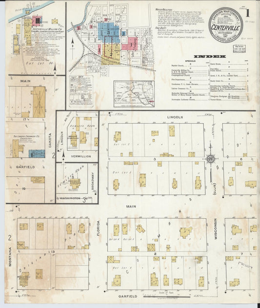 Sanborn Fire Insurance Map from Centerville, Turner County, South Dakota (1917), Sheet #0001 - Historic Sanborn Fire Insurance Map Print, vintage old map wall art, antique decor, genealogy gift, South Dakota South Dakota map