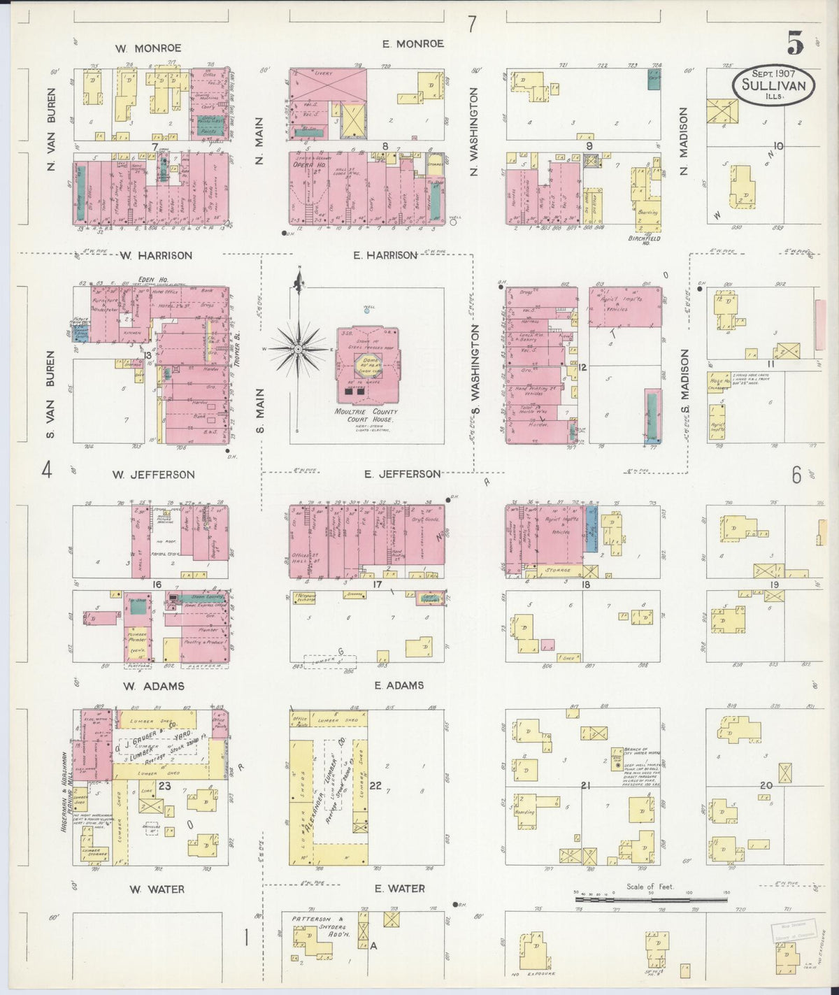 Sanborn Fire Insurance Map from Sullivan, Moultrie County, Illinois (1907), Sheet #0005 - Historic Sanborn Fire Insurance Map Print, vintage old map wall art, antique decor, genealogy gift, Illinois Illinois map