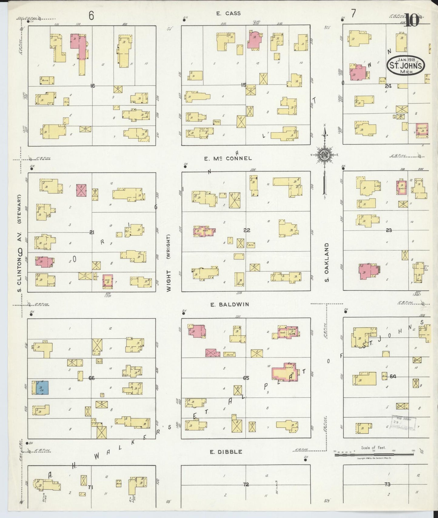 Sanborn Fire Insurance Map from Saint Johns, Clinton County, Michigan (1918), Sheet #0010 - Historic Sanborn Fire Insurance Map Print, vintage old map wall art, antique decor, genealogy gift, Michigan Michigan map