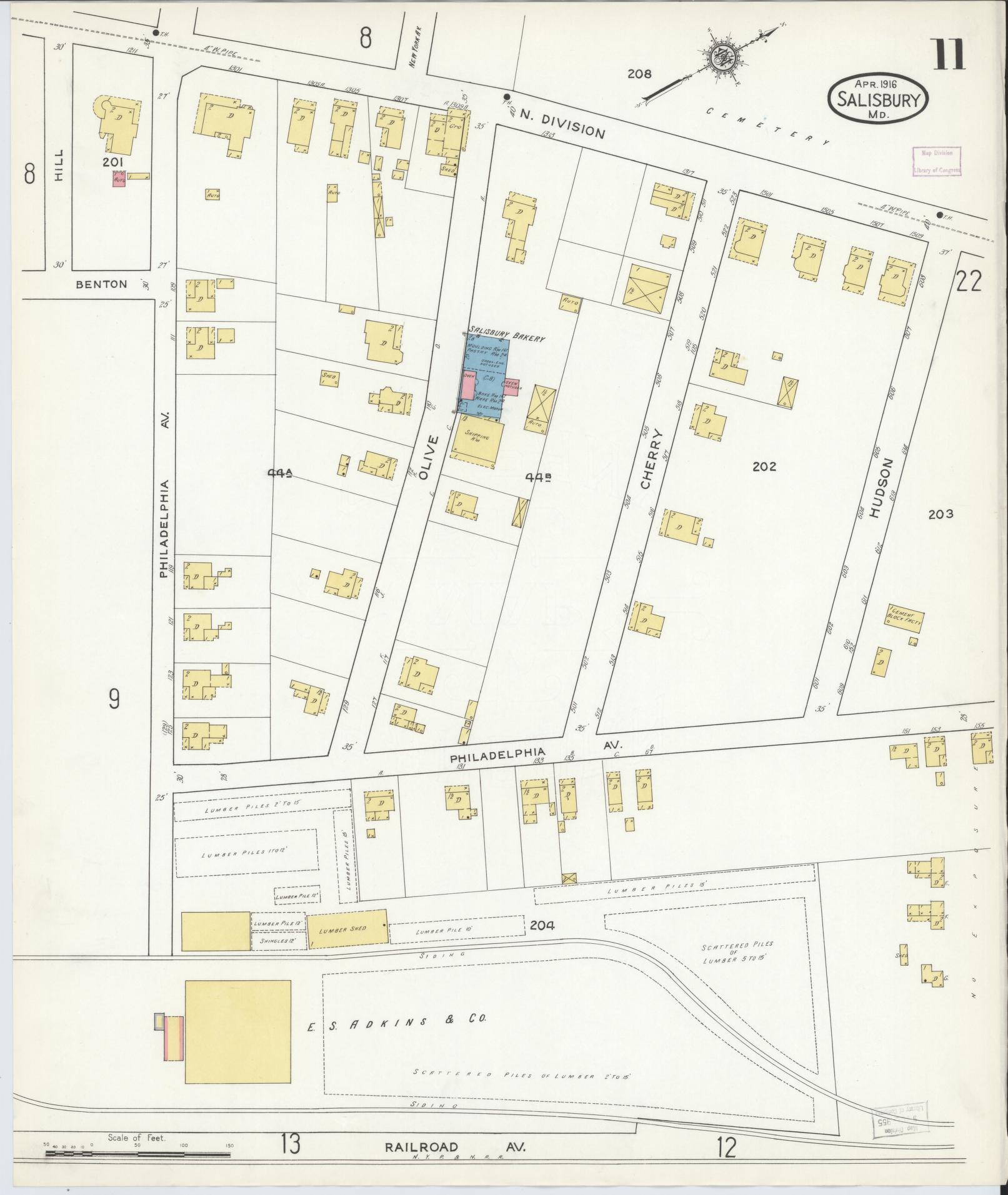 Sanborn Fire Insurance Map from Salisbury, Wicomico County, Maryland (1916), Sheet #0011 - Historic Sanborn Fire Insurance Map Print, vintage old map wall art