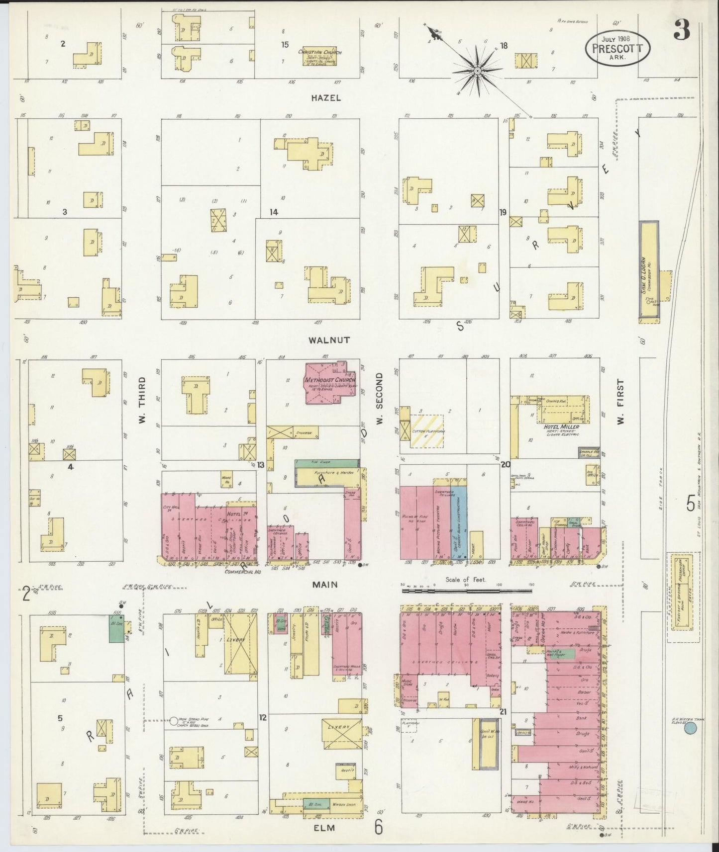 Sanborn Fire Insurance Map from Prescott, Nevada County, Arkansas (1908), Sheet #0003 - Complete Map Set gallery image, historic Sanborn map, vintage wall art, Arkansas Arkansas