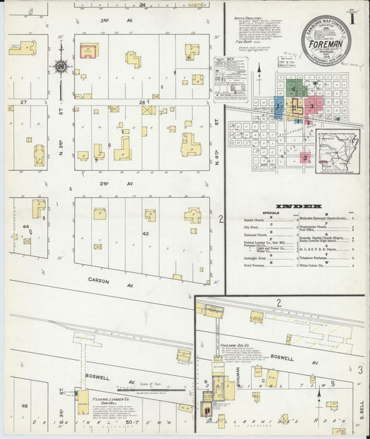 Sanborn Fire Insurance Map from Foreman, Little River County, Arkansas (1919), Sheet #0001 - Historic Sanborn Fire Insurance Map Print, vintage old map wall art, antique decor, genealogy gift, Arkansas Arkansas map