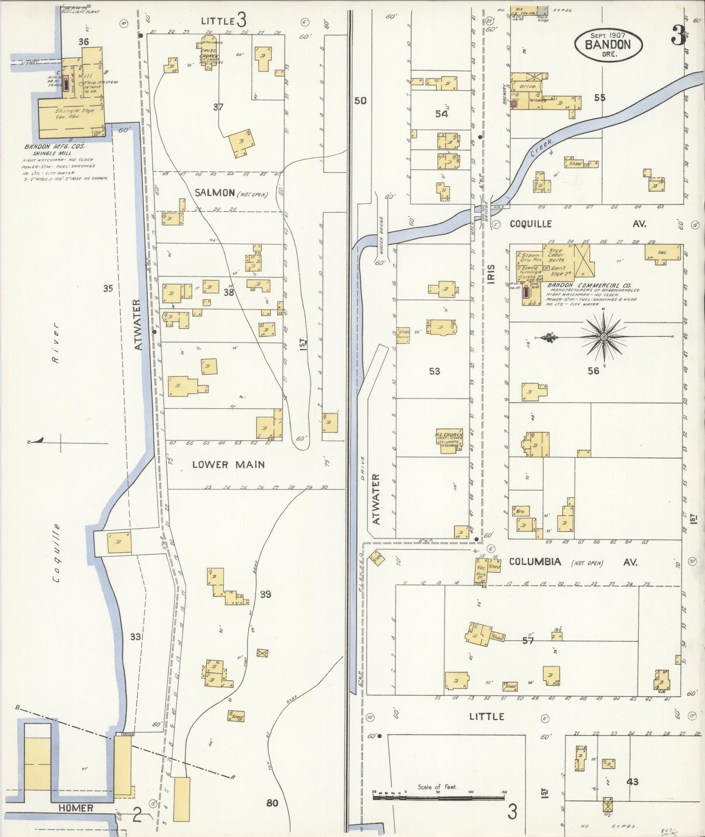 Sanborn Fire Insurance Map from Bandon, Coos County, Oregon (1907), Sheet #0003 - Complete Map Set gallery image, historic Sanborn map, vintage wall art, Oregon Oregon