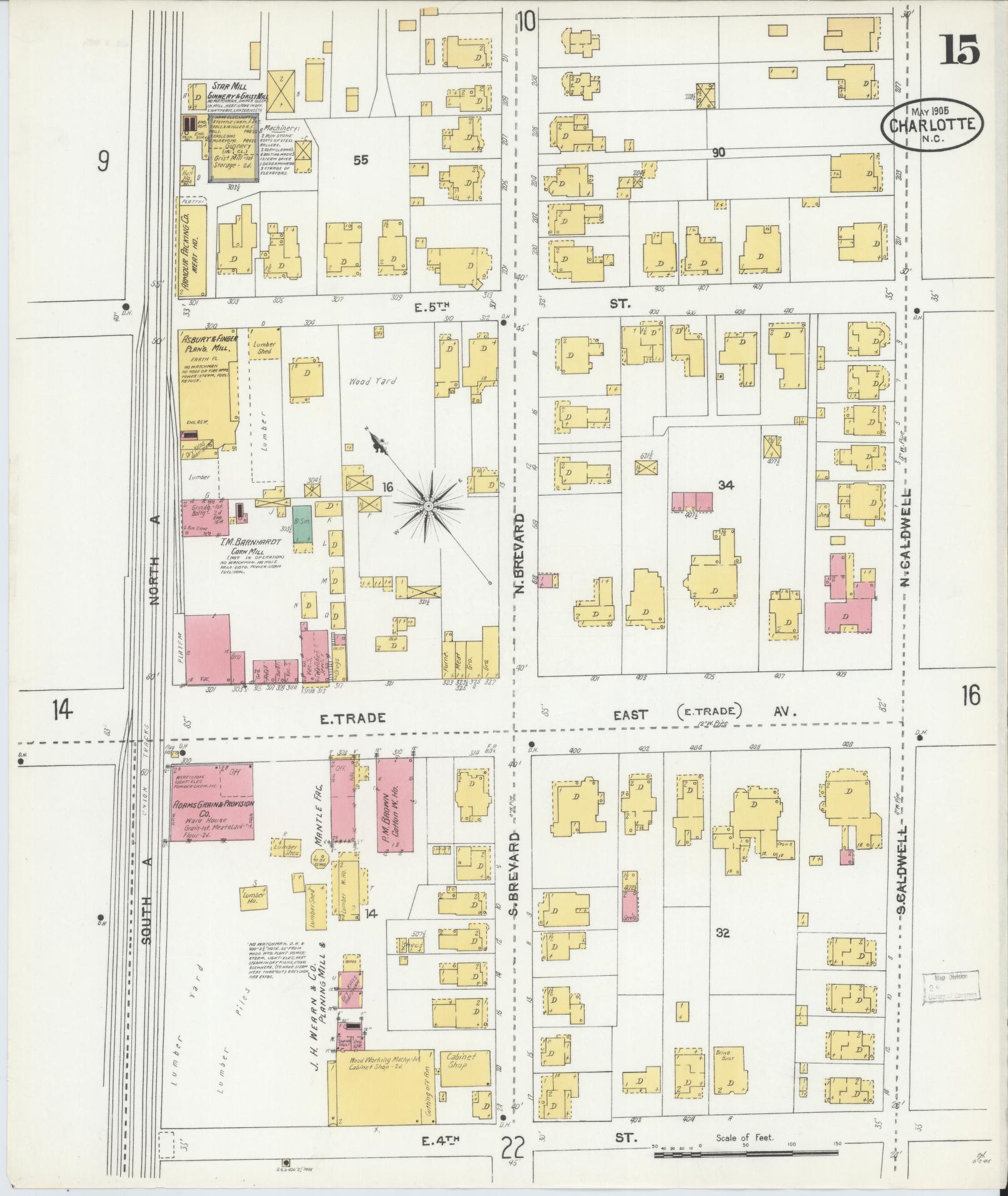Sanborn Fire Insurance Map from Charlotte, Mecklenburg County, North Carolina (1905), Sheet #0015 - Complete Map Set gallery image, historic Sanborn map, vintage wall art, North Carolina North Carolina
