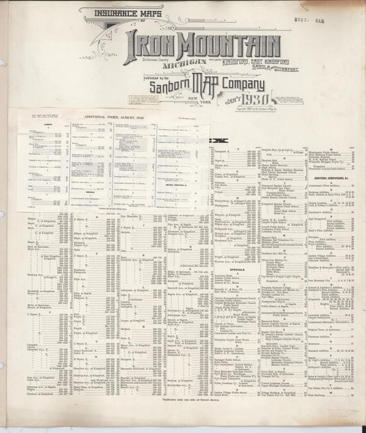 Sanborn Fire Insurance Map from Iron Mountain, Dickinson County, Michigan (1949), Sheet #0001 - Historic Sanborn Fire Insurance Map Print, vintage old map wall art, antique decor, genealogy gift, Michigan Michigan map