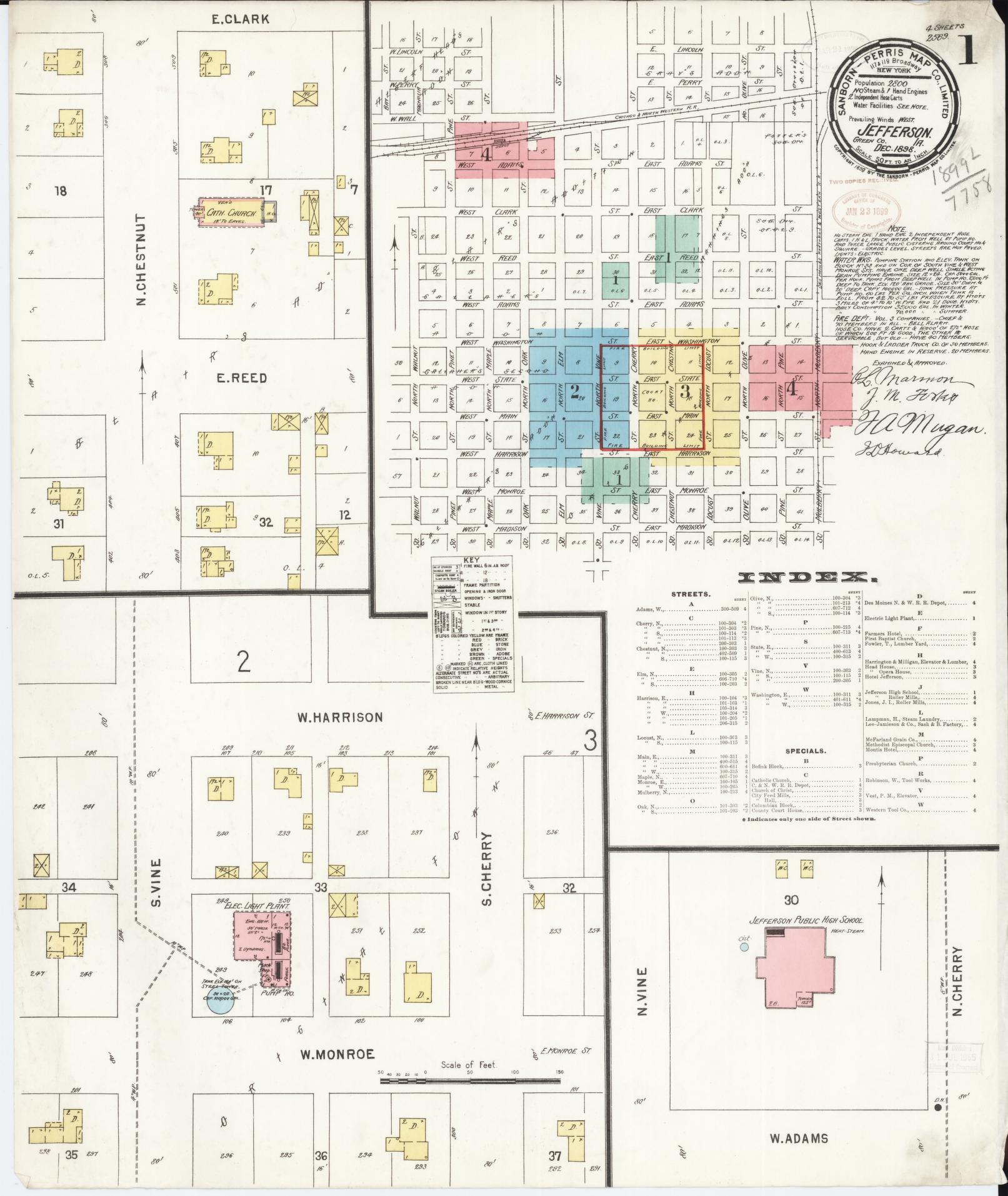 Sanborn Fire Insurance Map from Jefferson, Greene County, Iowa (1898), Sheet #0001 - Historic Sanborn Fire Insurance Map Print, vintage old map wall art
