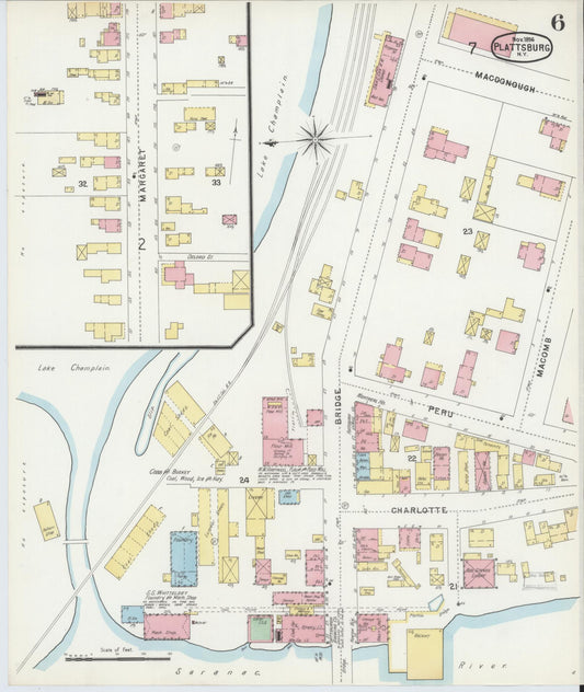 Sanborn Fire Insurance Map from Plattsburg, Clinton County, New York (1896), Sheet #0006 - Historic Sanborn Fire Insurance Map Print, vintage old map wall art, antique decor, genealogy gift, New York New York map