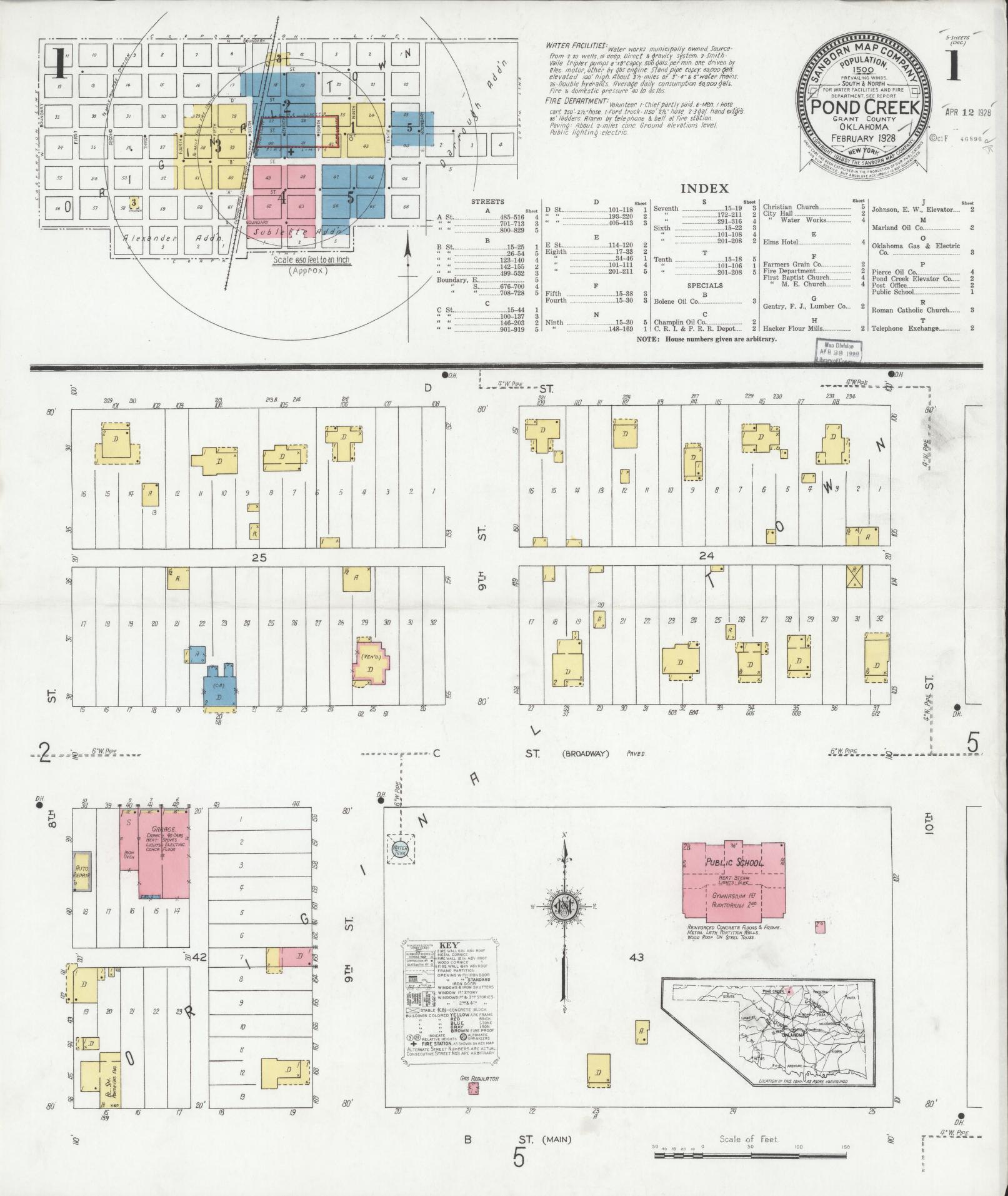 Sanborn Fire Insurance Map from Pond Creek, Grant County, Oklahoma (1928), Sheet #0001 - Complete Map Set gallery image, historic Sanborn map, vintage wall art, Oklahoma Oklahoma
